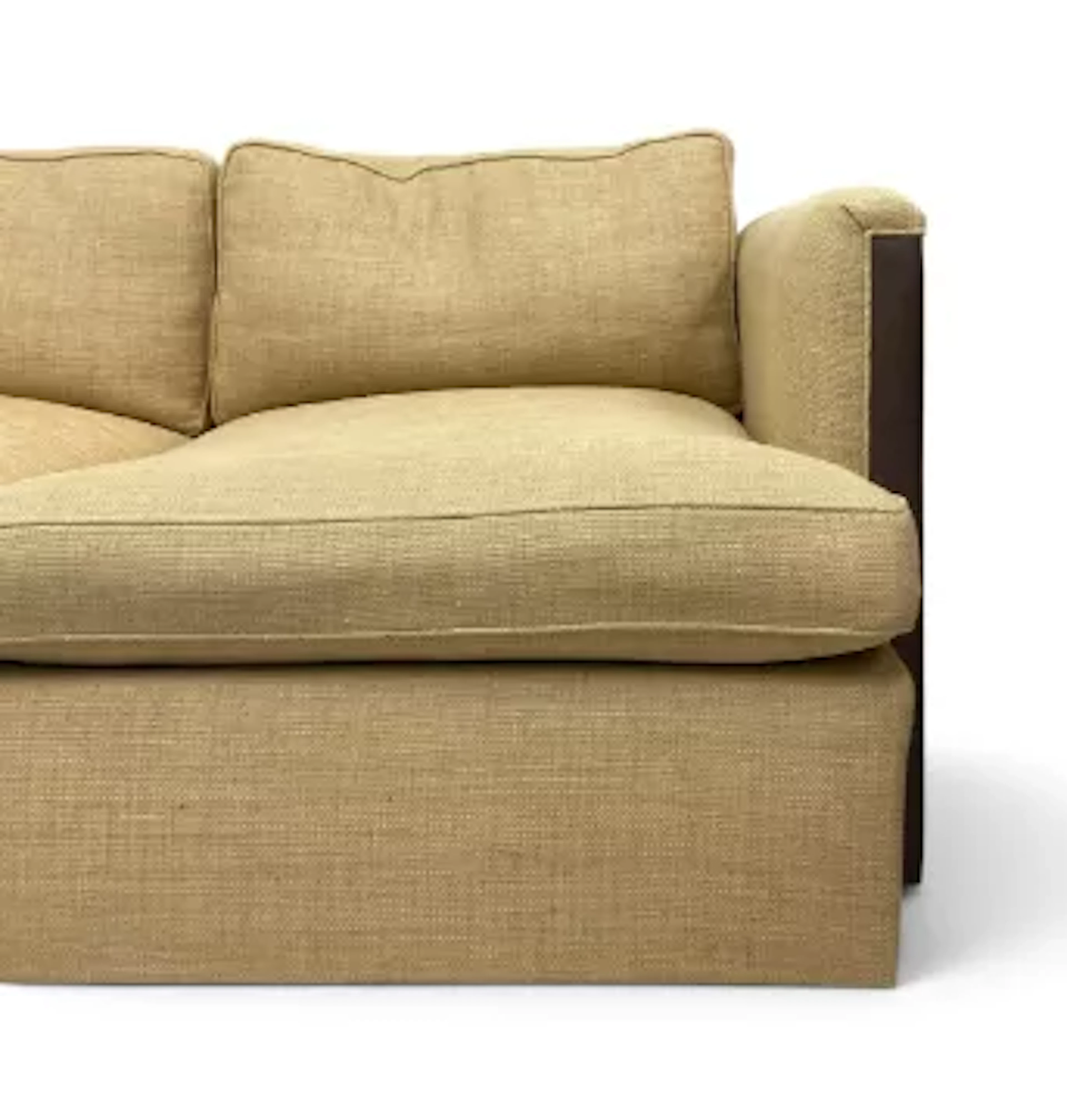 A contemporary khaki hessian upholstered four seater sofa with square