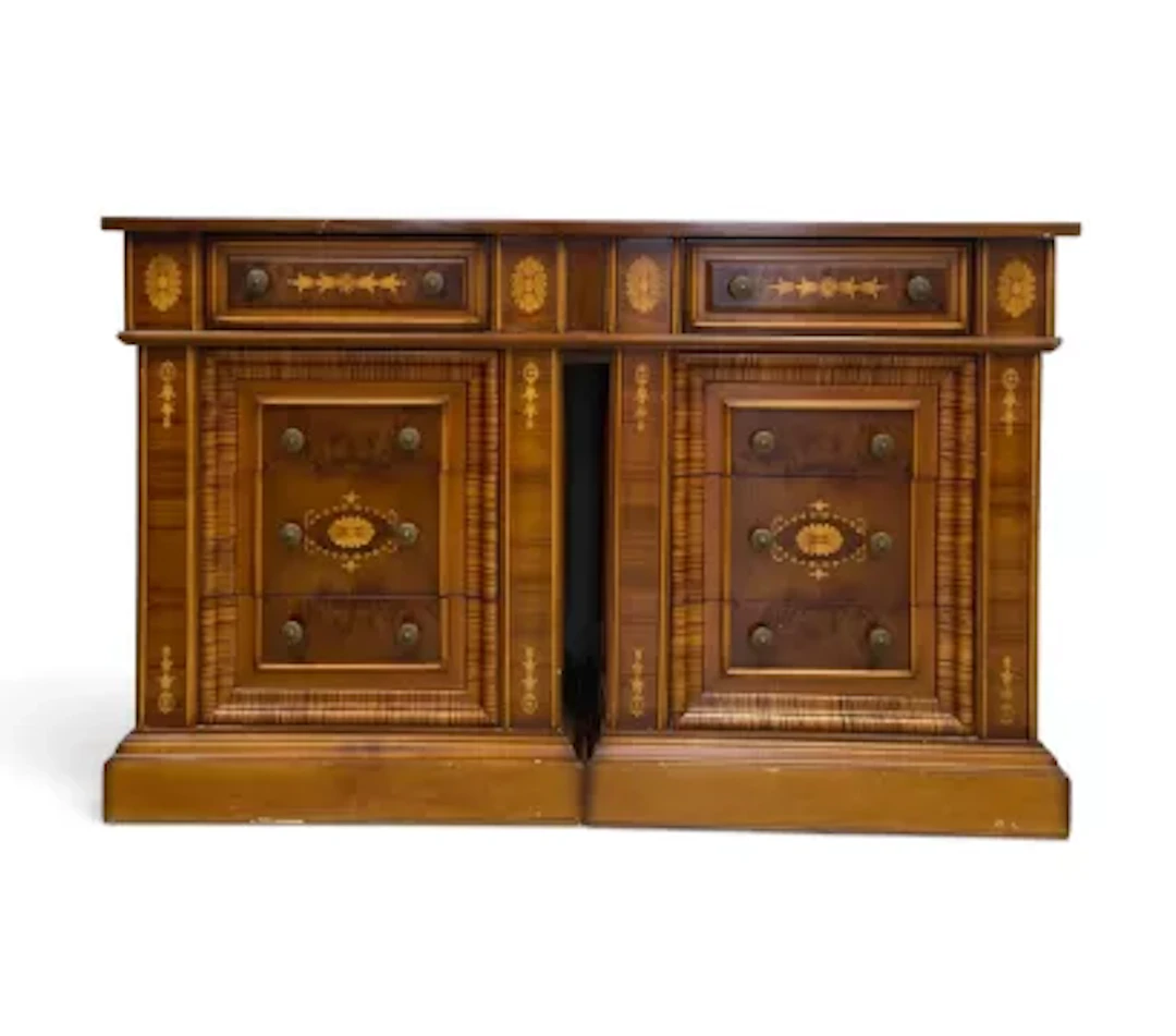 A Continental style walnut and satinwood inlaid side cabinet on twin