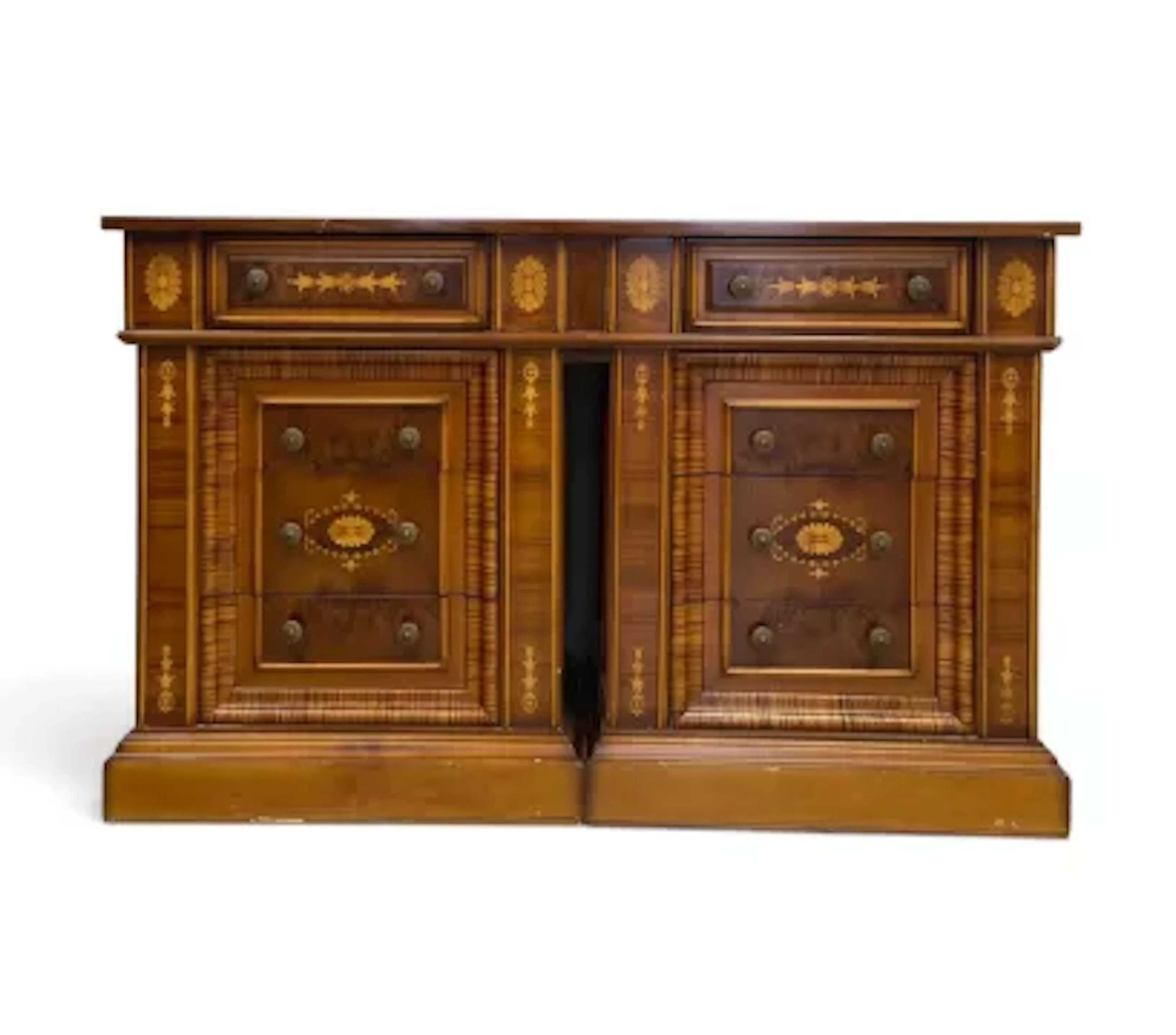 A Continental style walnut and satinwood inlaid side cabinet on twin