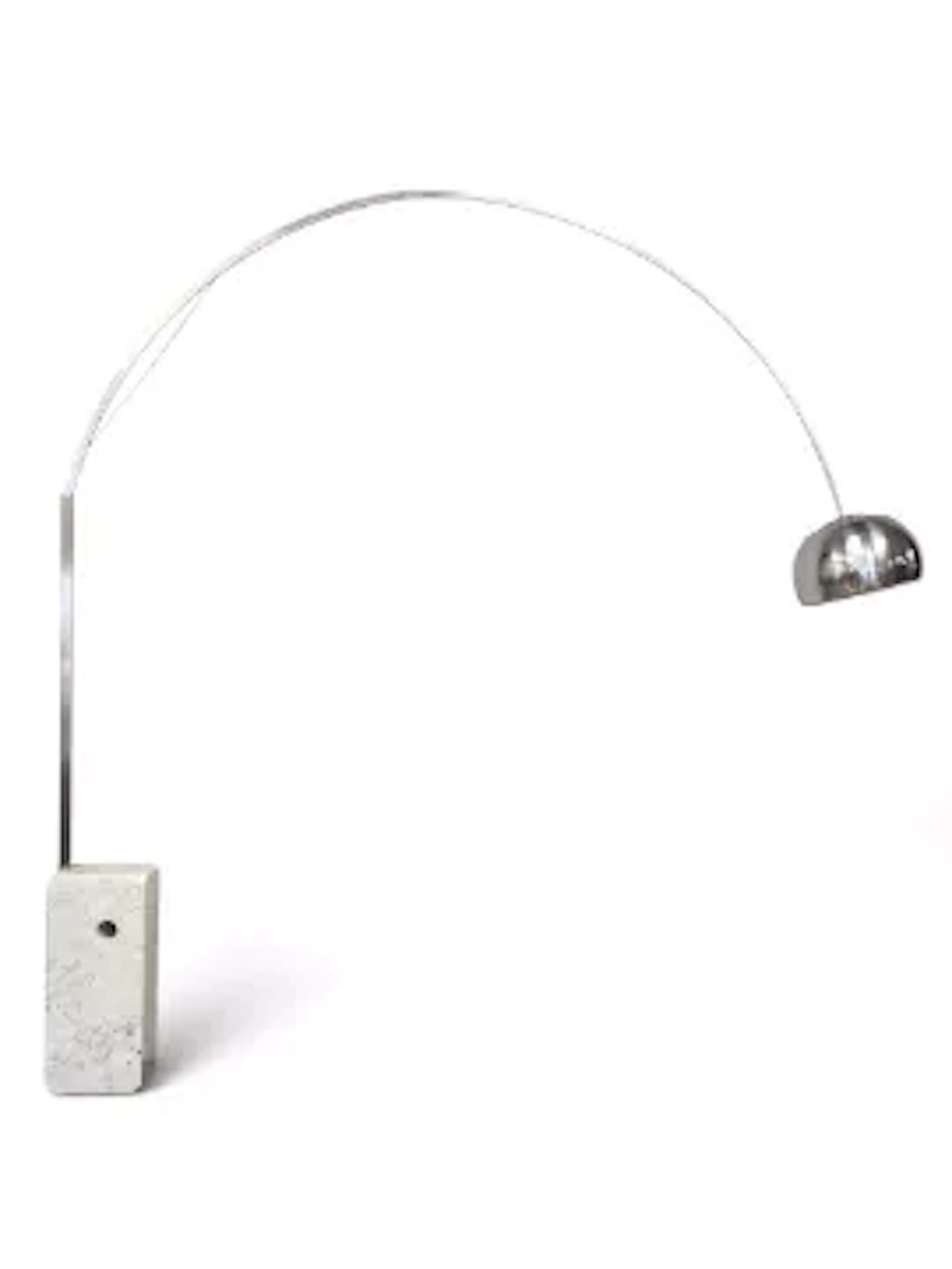 A contemporary Italian Arco floor lamp with an arched stainless steel