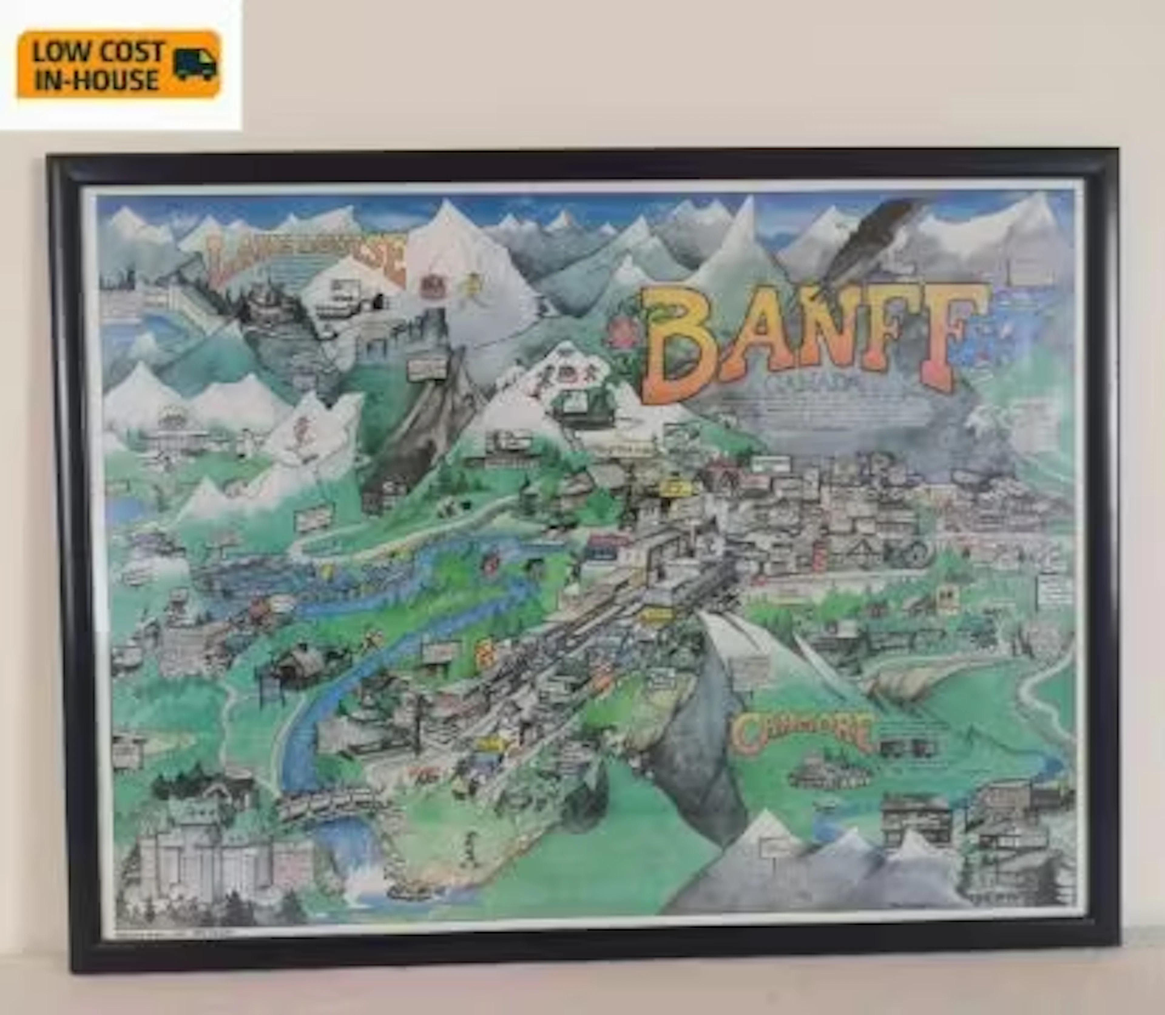 A vintage 1980s pictorial map poster of the town of Banff, Canada