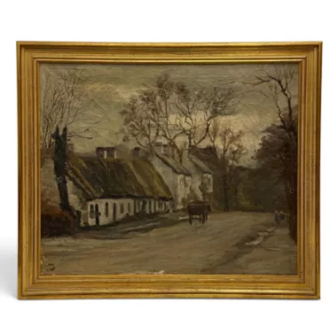 Oil on canvas, 19th century village street scene with carriage and