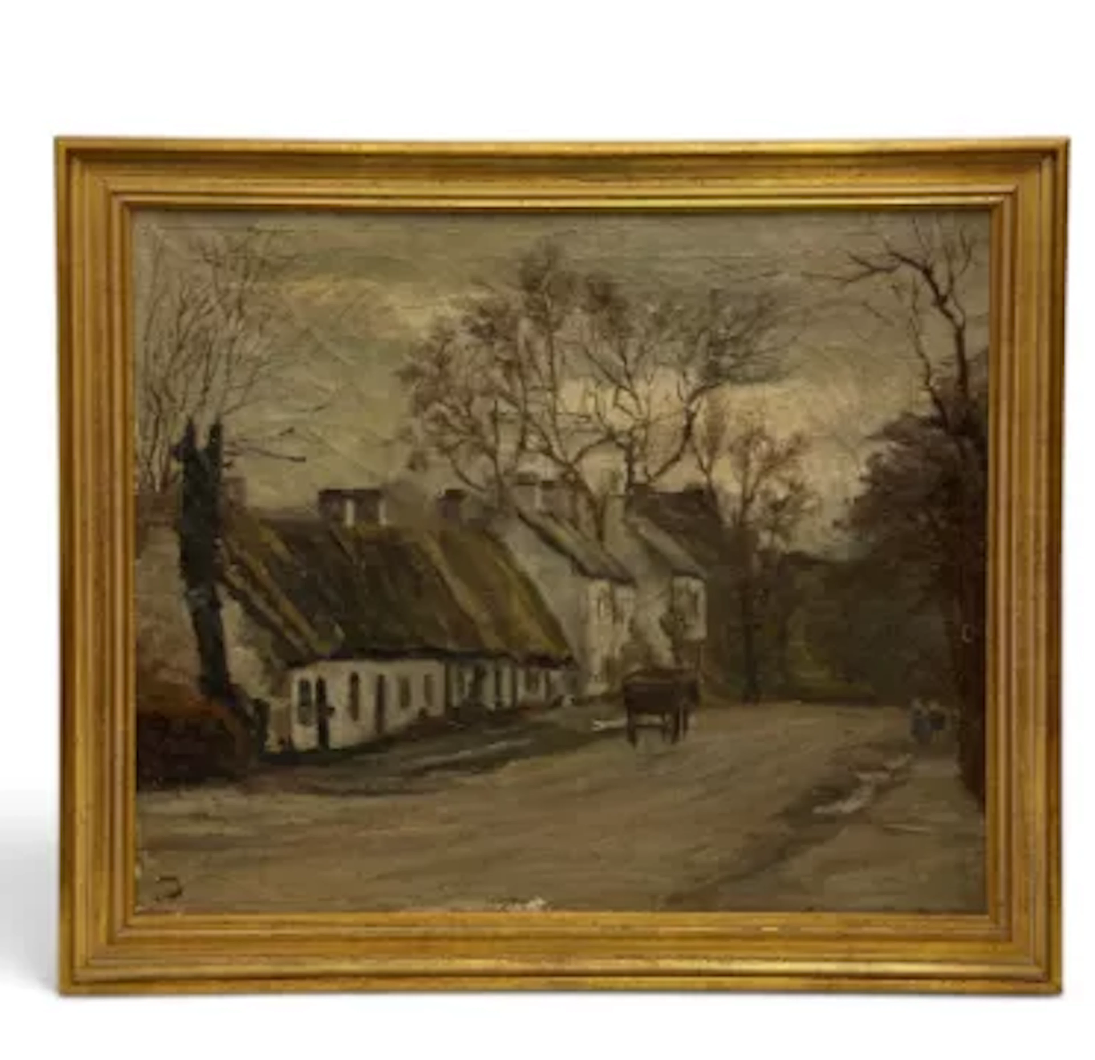 Oil on canvas, 19th century village street scene with carriage and