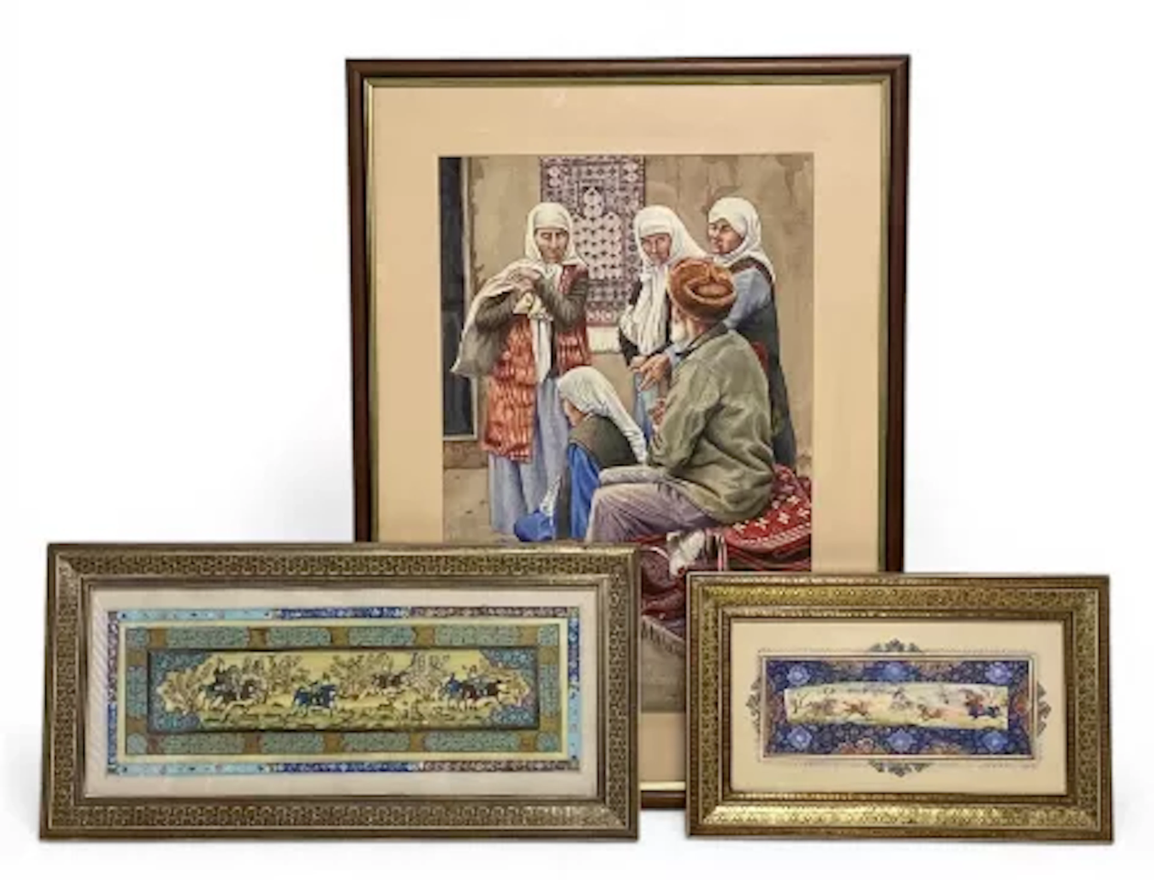 A contemporary signed watercolour depicting a Persian carpet merchant