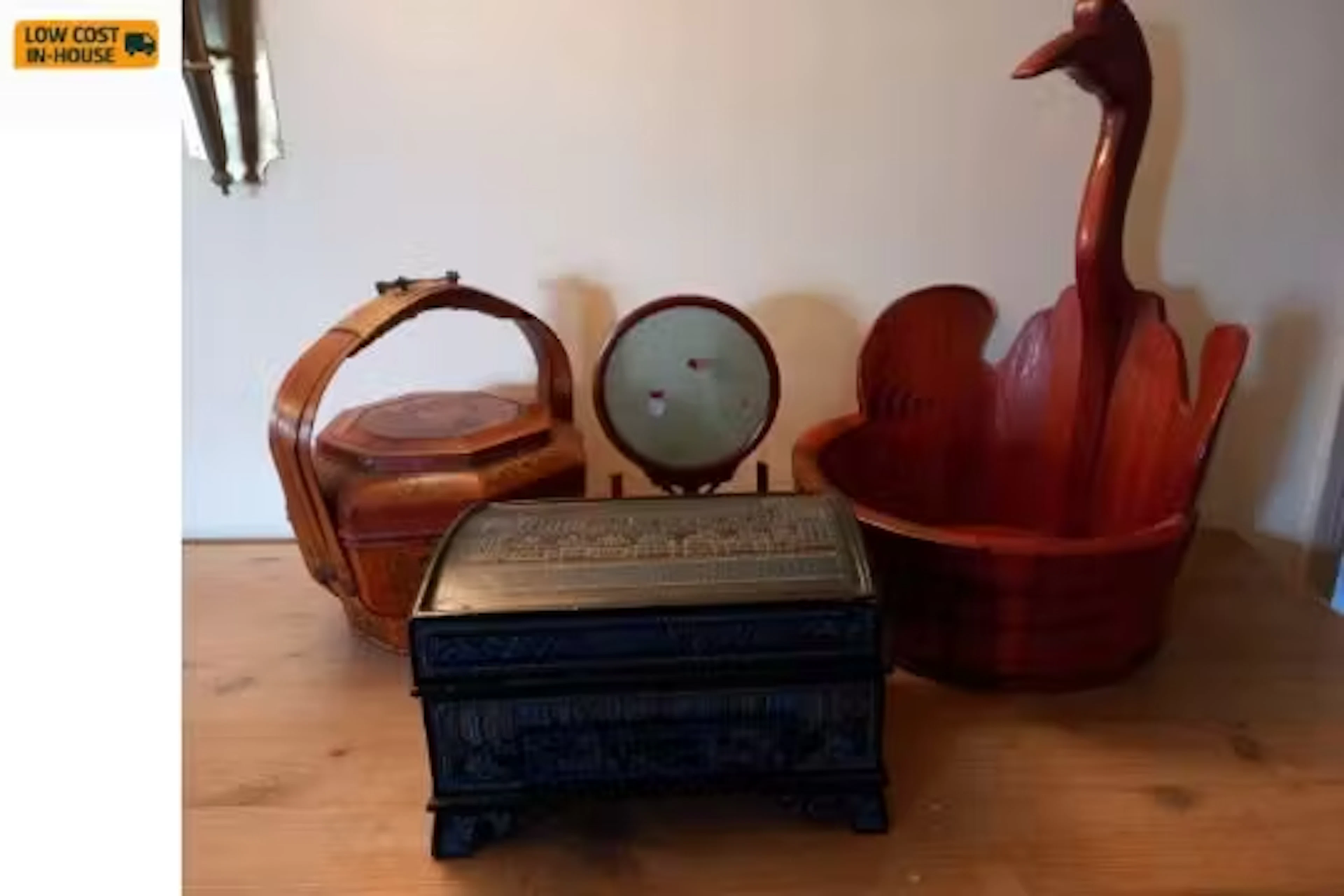 A Chinese lidded and painted rice bucket, a painted fitted jewellery