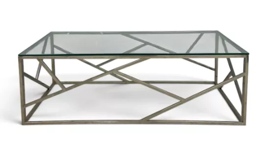 A contemporary coffee table, geometric metal frame with plate glass