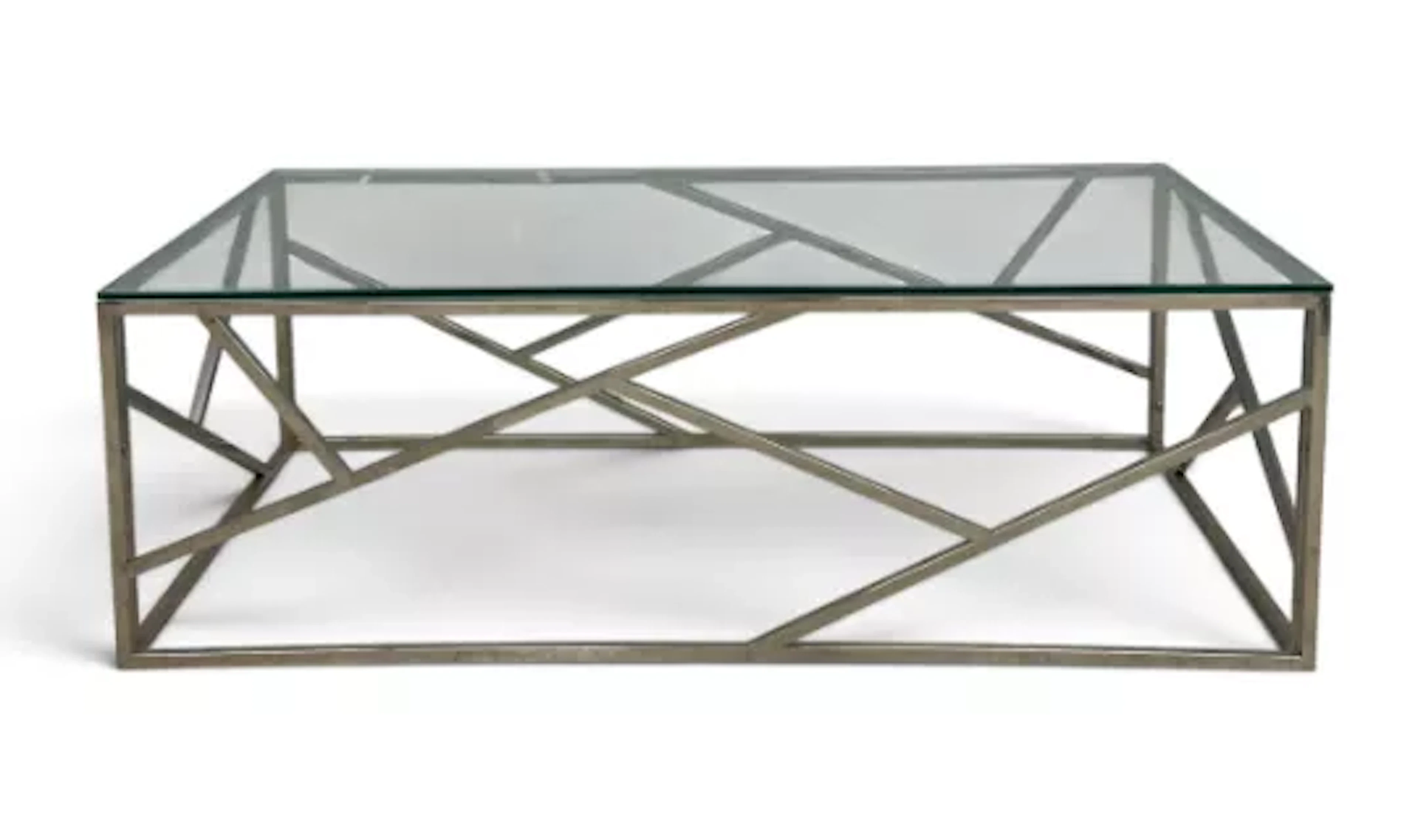 A contemporary coffee table, geometric metal frame with plate glass