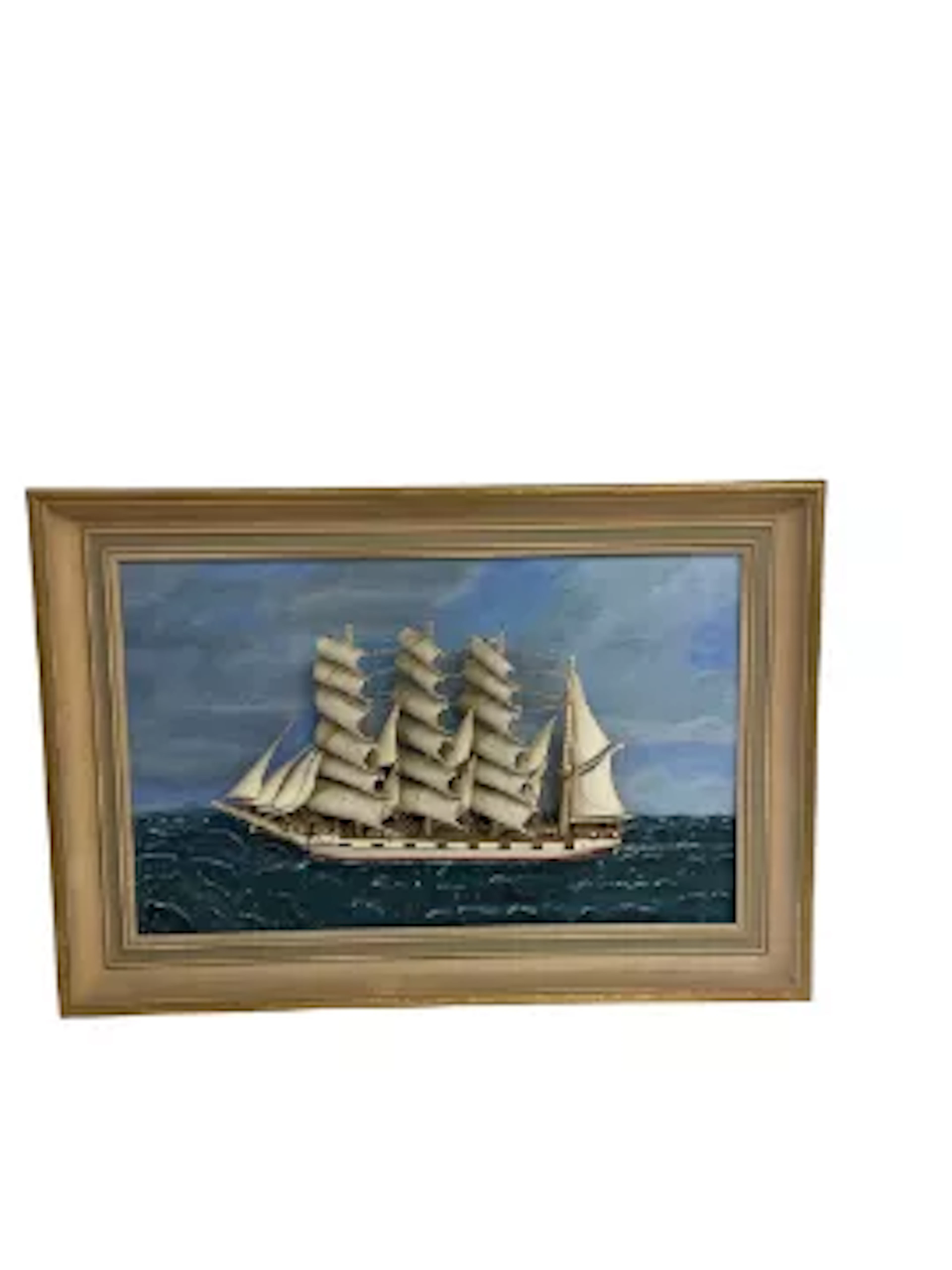 A vintage framed mixed media painting of a 3-dimensional masted ship.