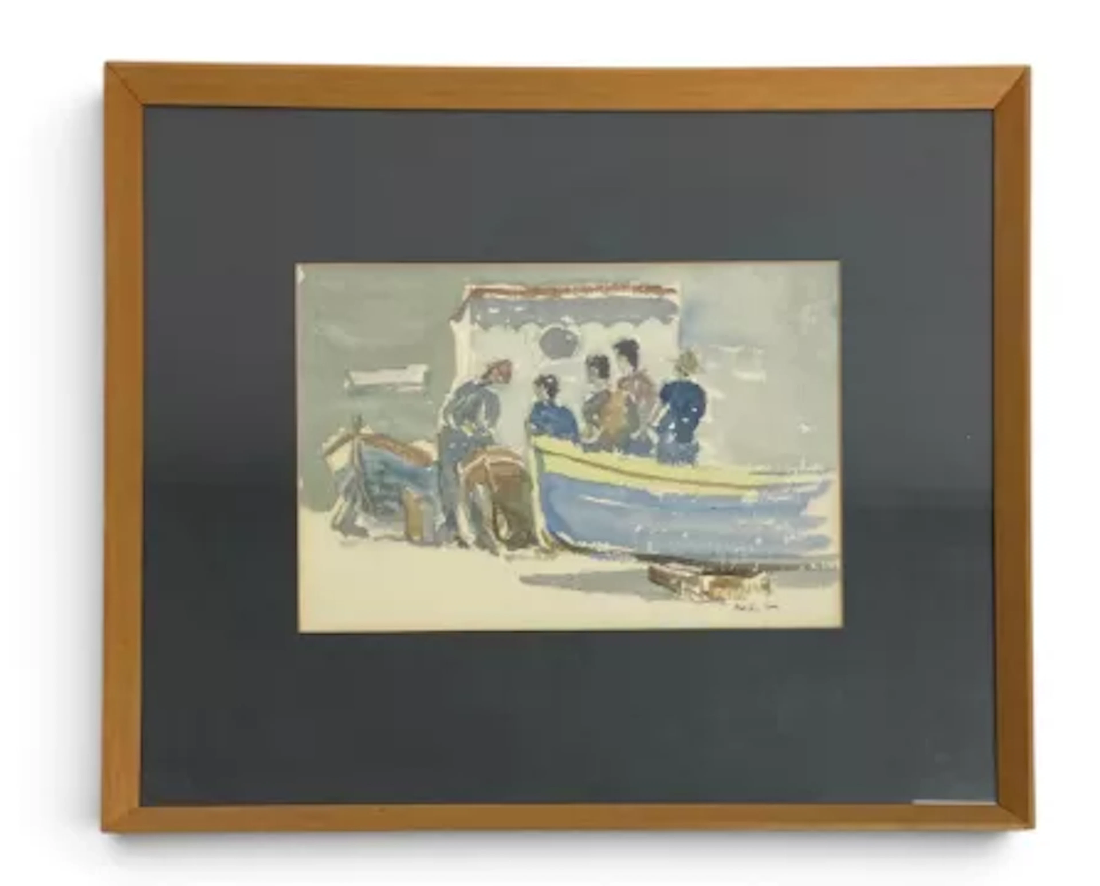 A mixed lot to include: a glazed and framed watercolour of fishing