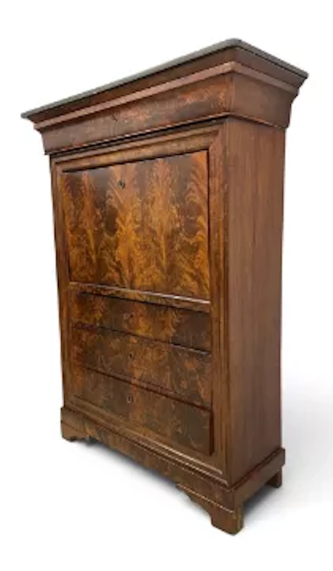 A 19th century flame mahogany escritoire cabinet desk with marble