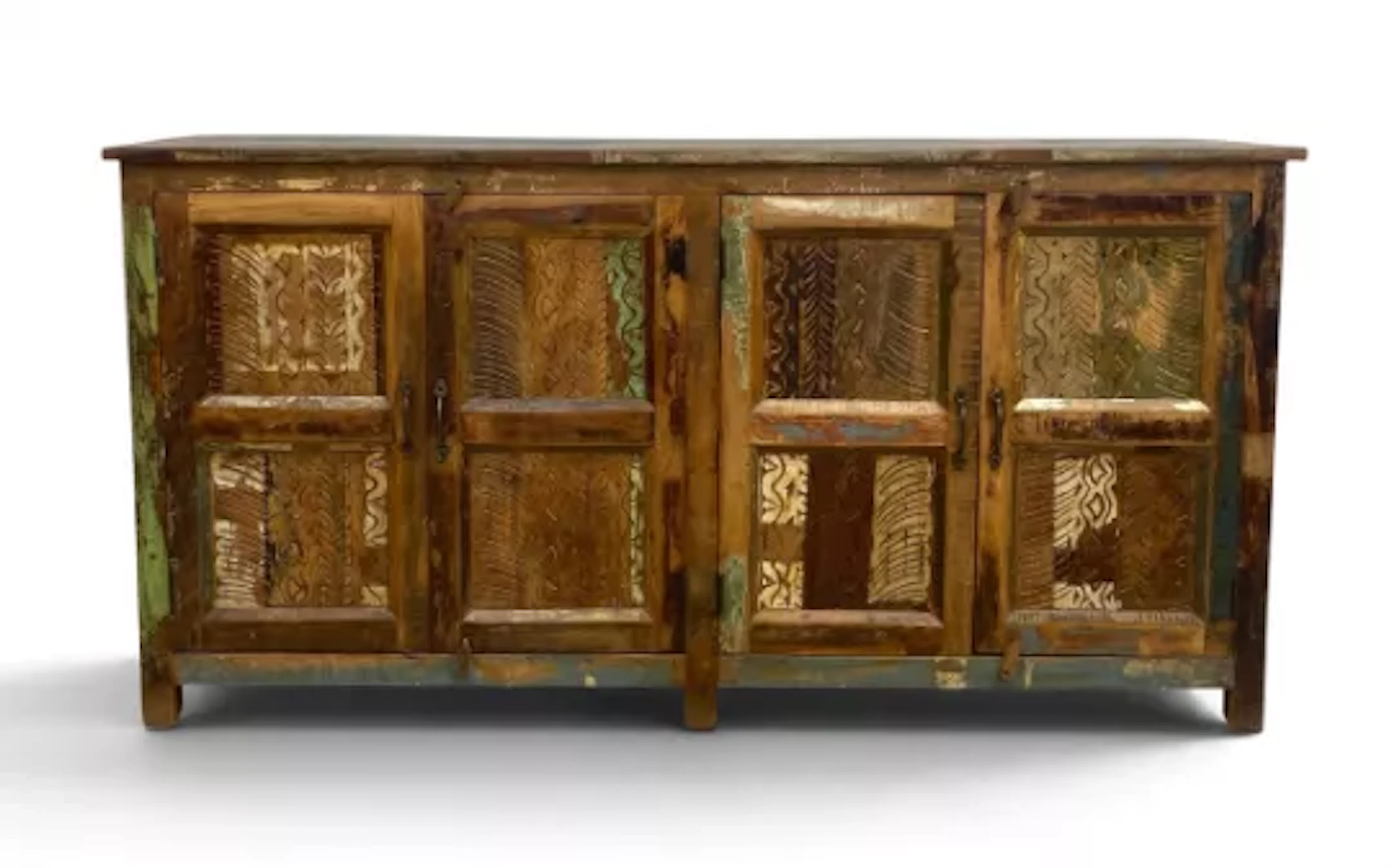 A contemporary side cabinet from polychrome reclaimed timber with