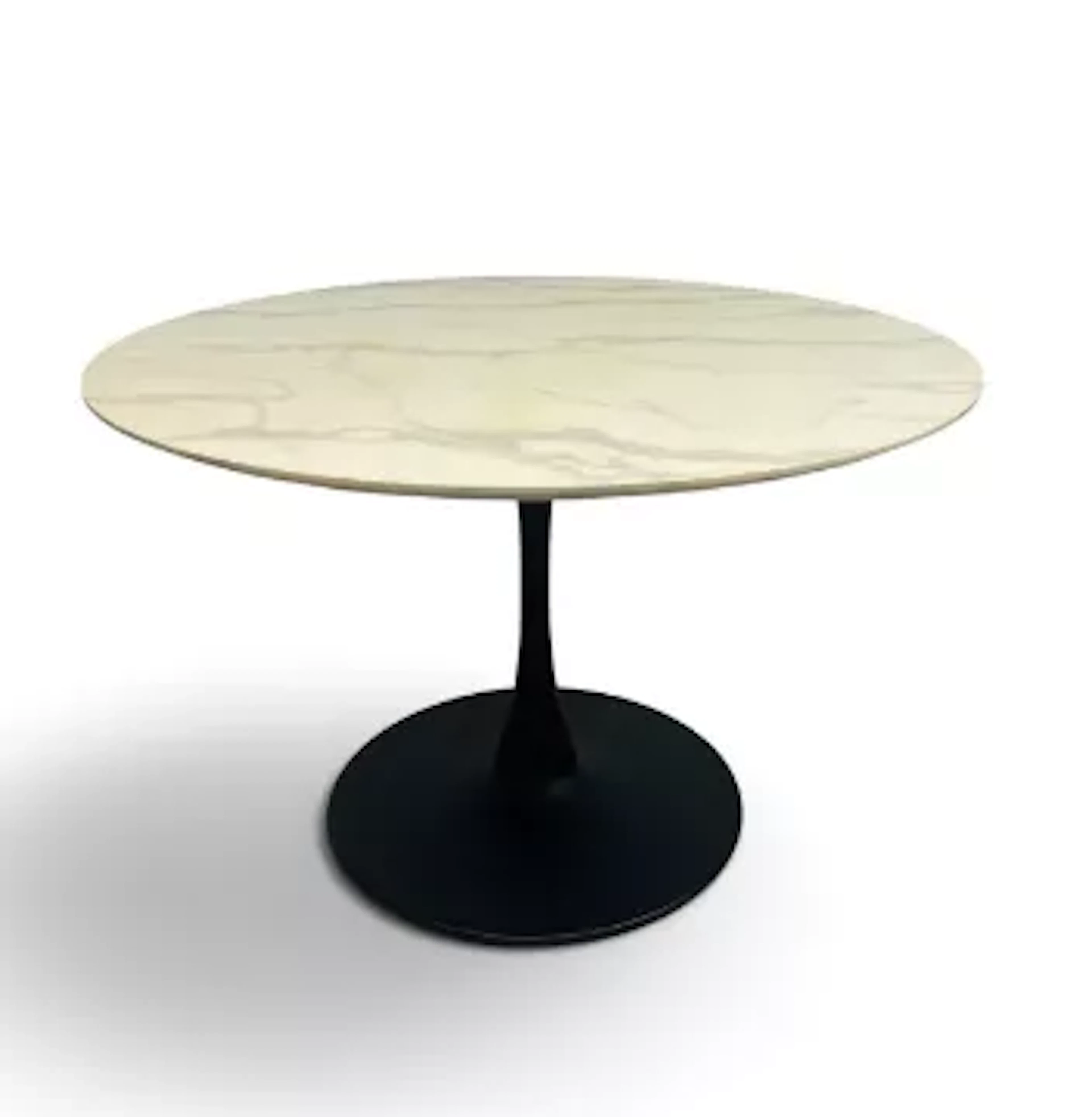A retro styled dining table with circular faux marble top and black