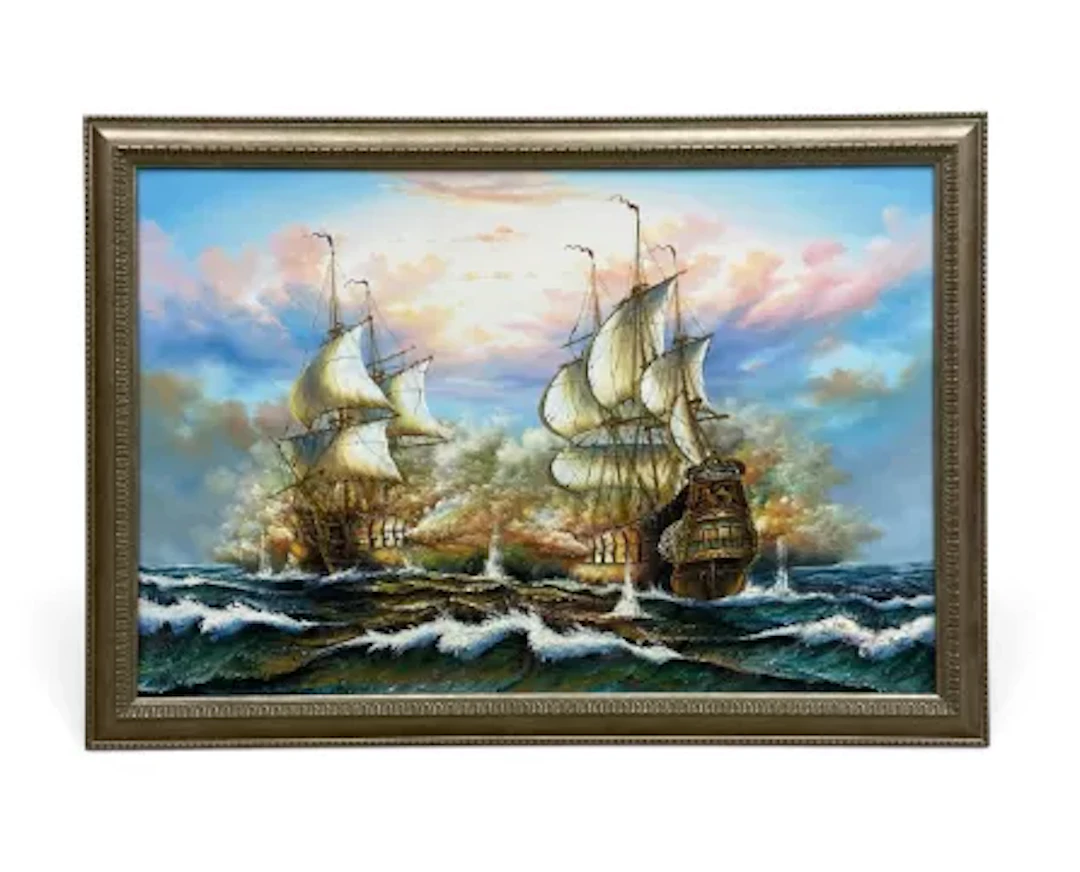 A vintage oil painting on canvas of two early 19th century ships at
