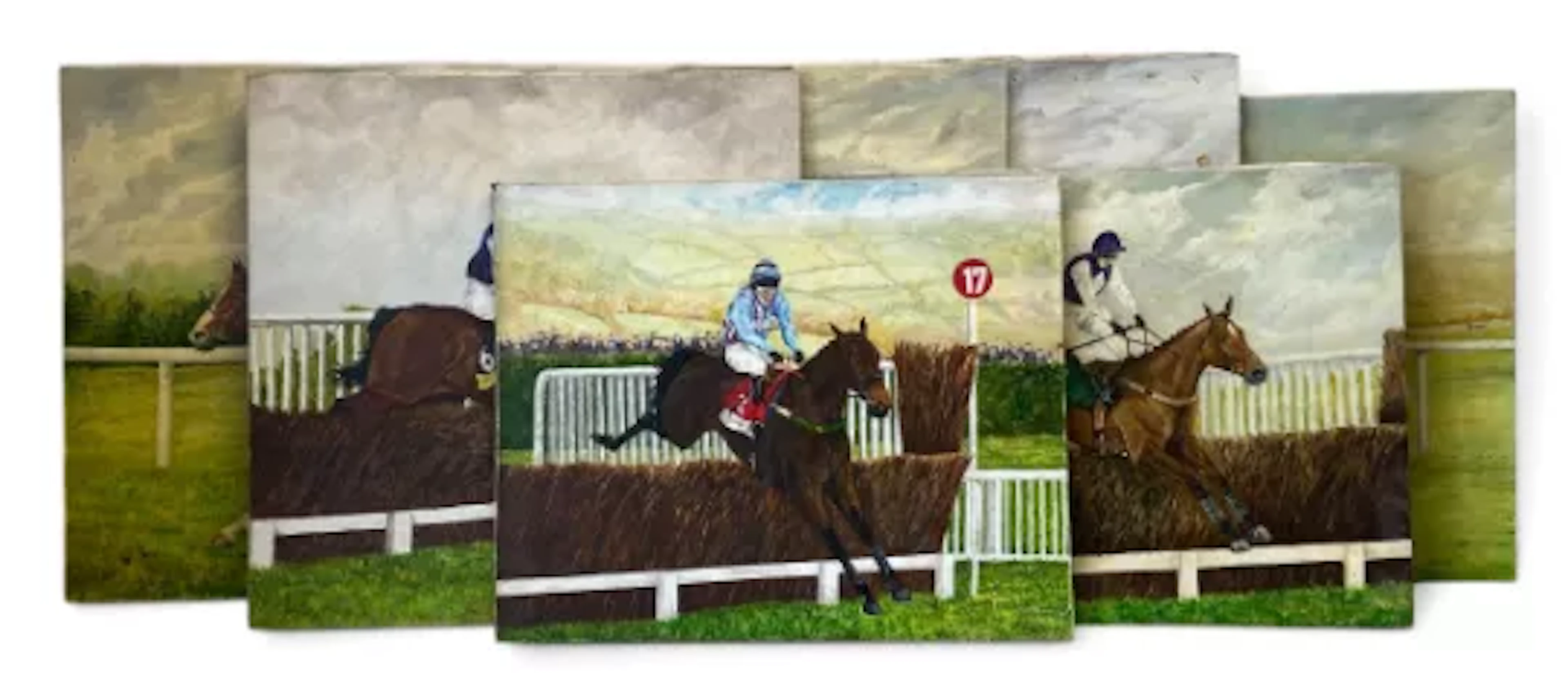 A set of seven contemporary horse racing themed oils on canvas. All