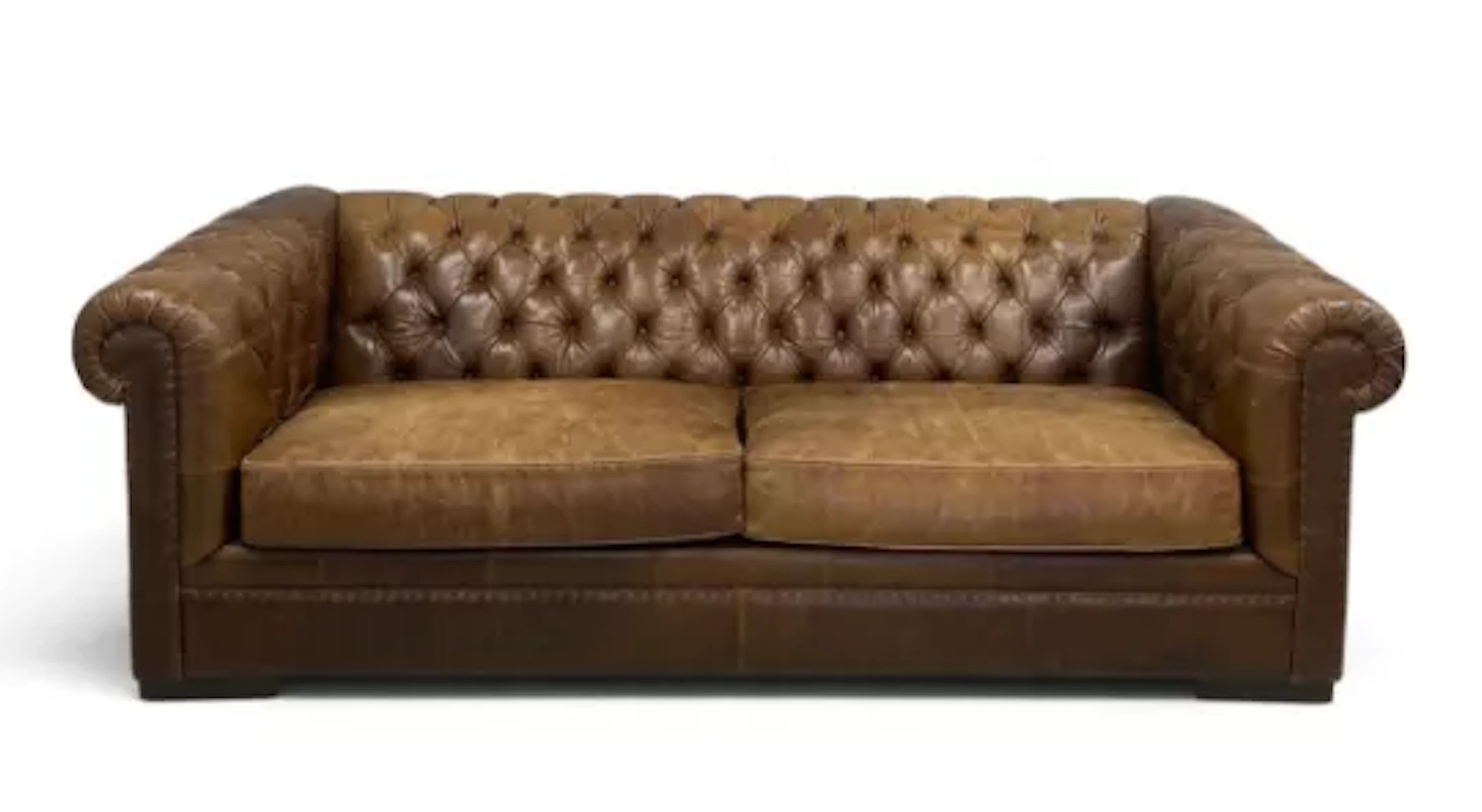 A contemporary brown leather upholstered chesterfield sofa with two