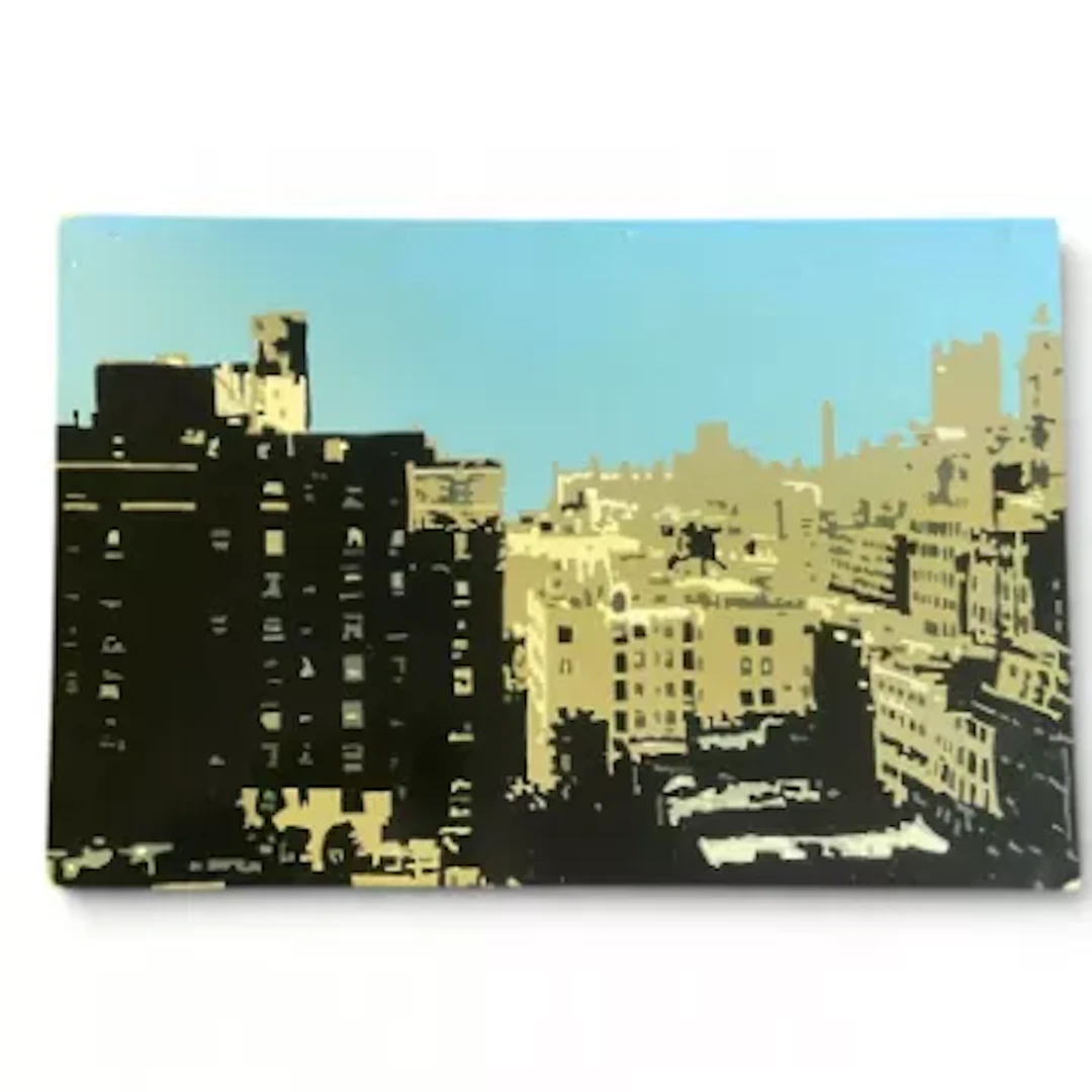 A contemporary digital abstract painting of a cityscape, signed Alicia
