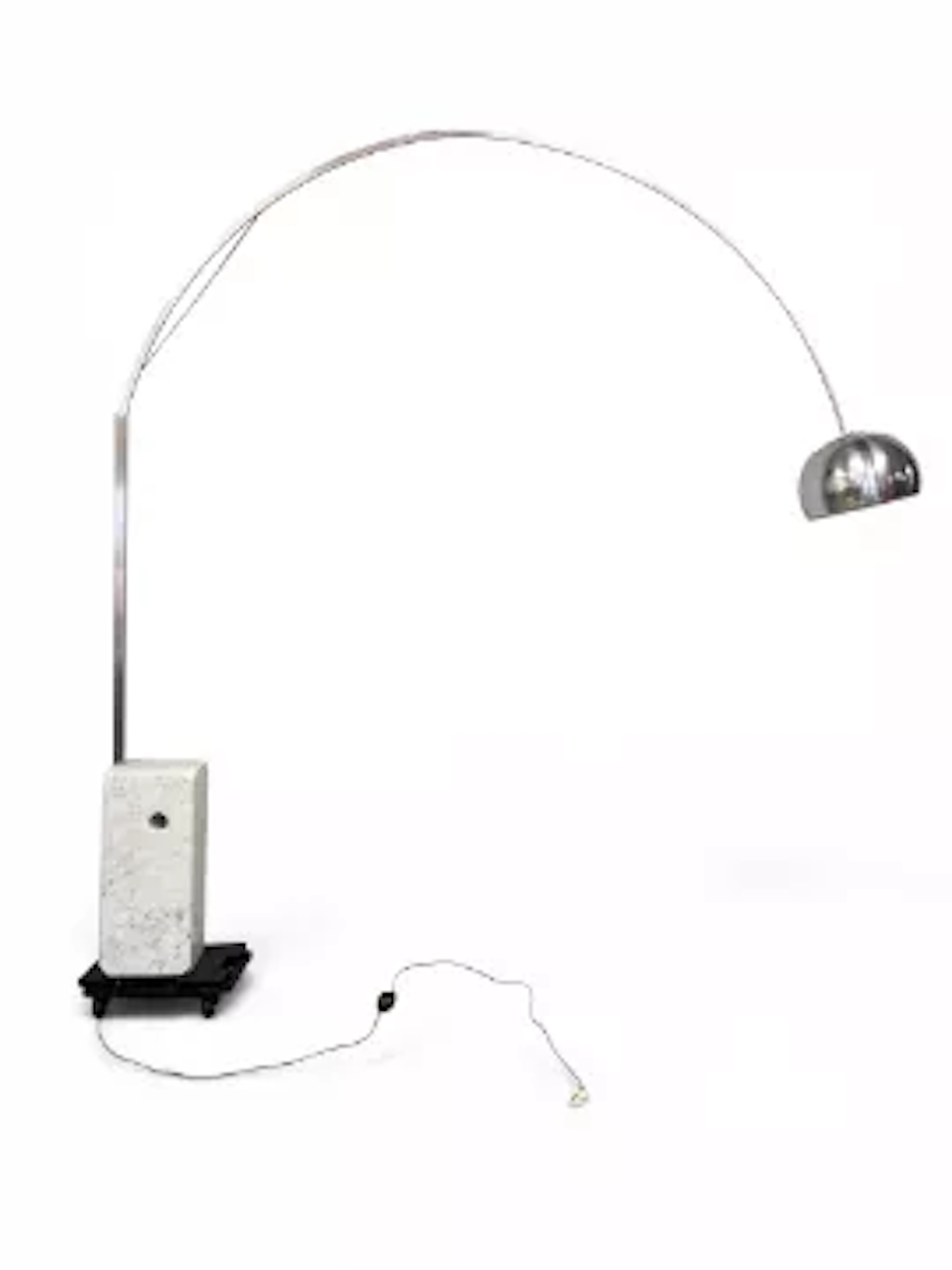 A contemporary Italian Arco floor lamp with an arched stainless steel