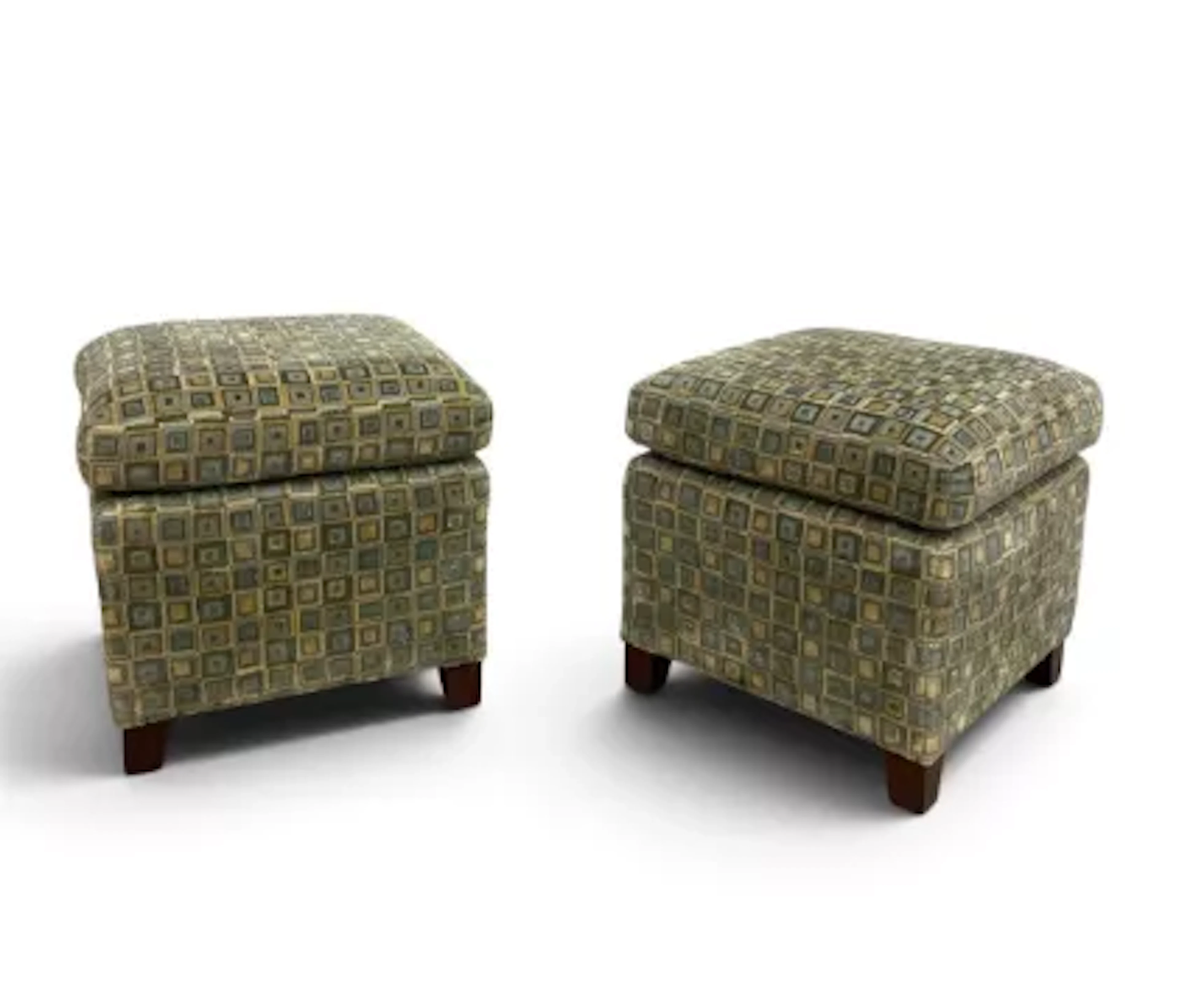 A pair of contemporary stools in geometric upholstery on block feet.