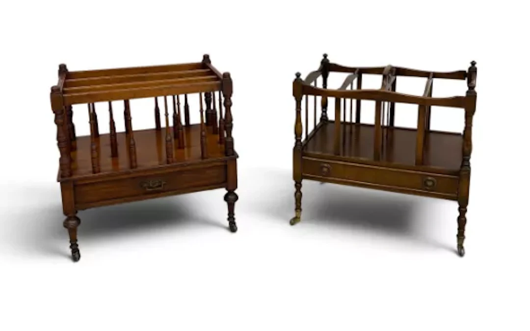 A late 19th century walnut Canterbury magazine rack along with a later