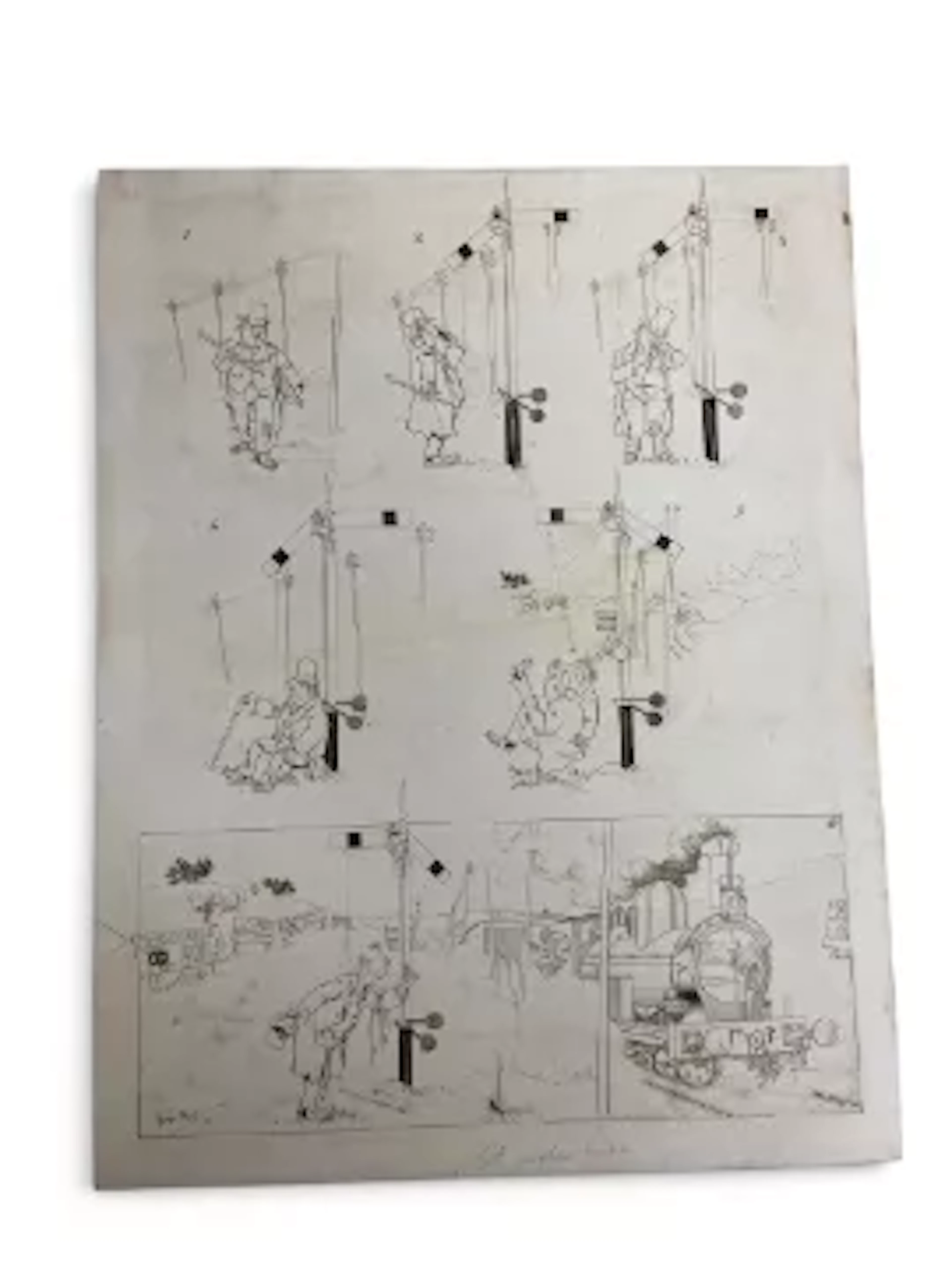 René Bull (1872-1942), pen and ink on card cartoon board, steam train
