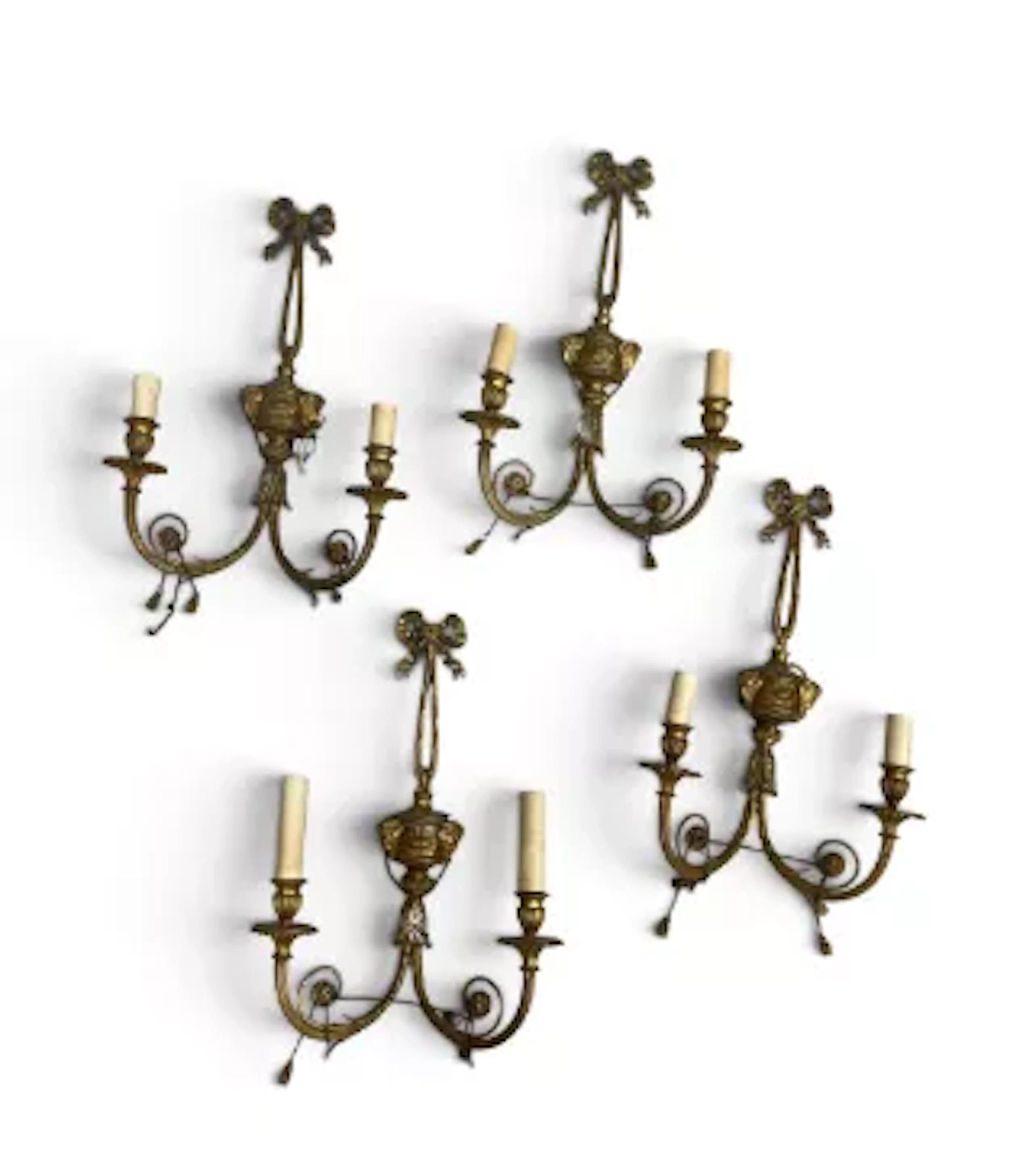 A set of four vintage gilt metal twin branch wall lights with Adam