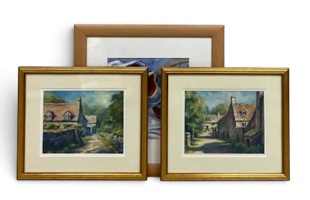 Three contemporary watercolours, a still life with jugs and two village