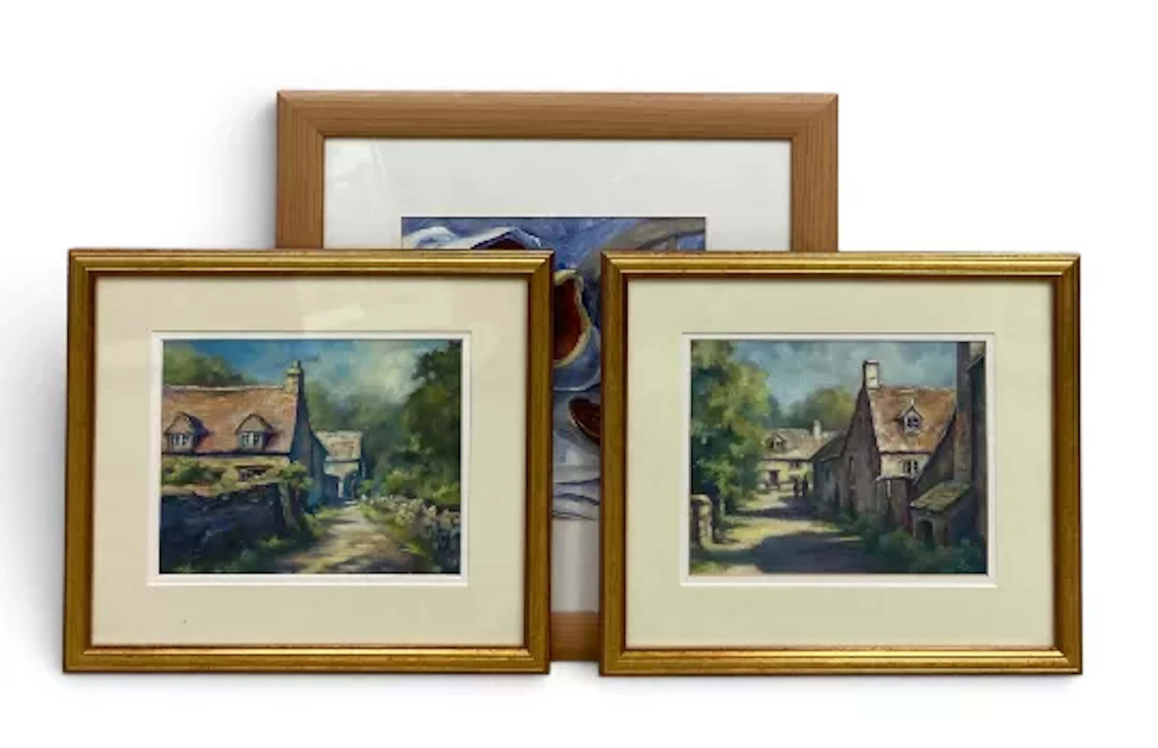 Three contemporary watercolours, a still life with jugs and two village