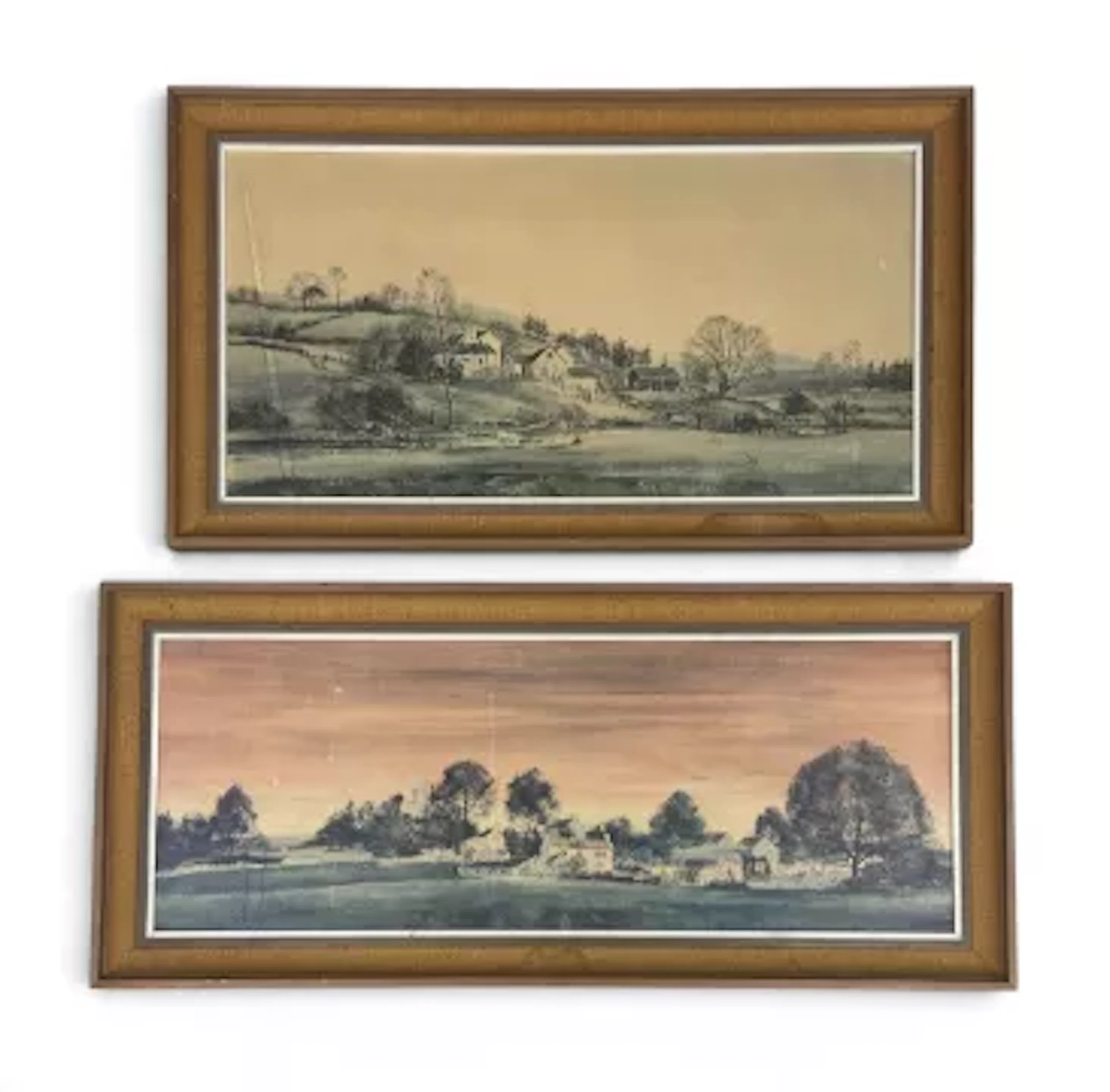 A pair of vintage mid century prints, rural landscapes, in hessian