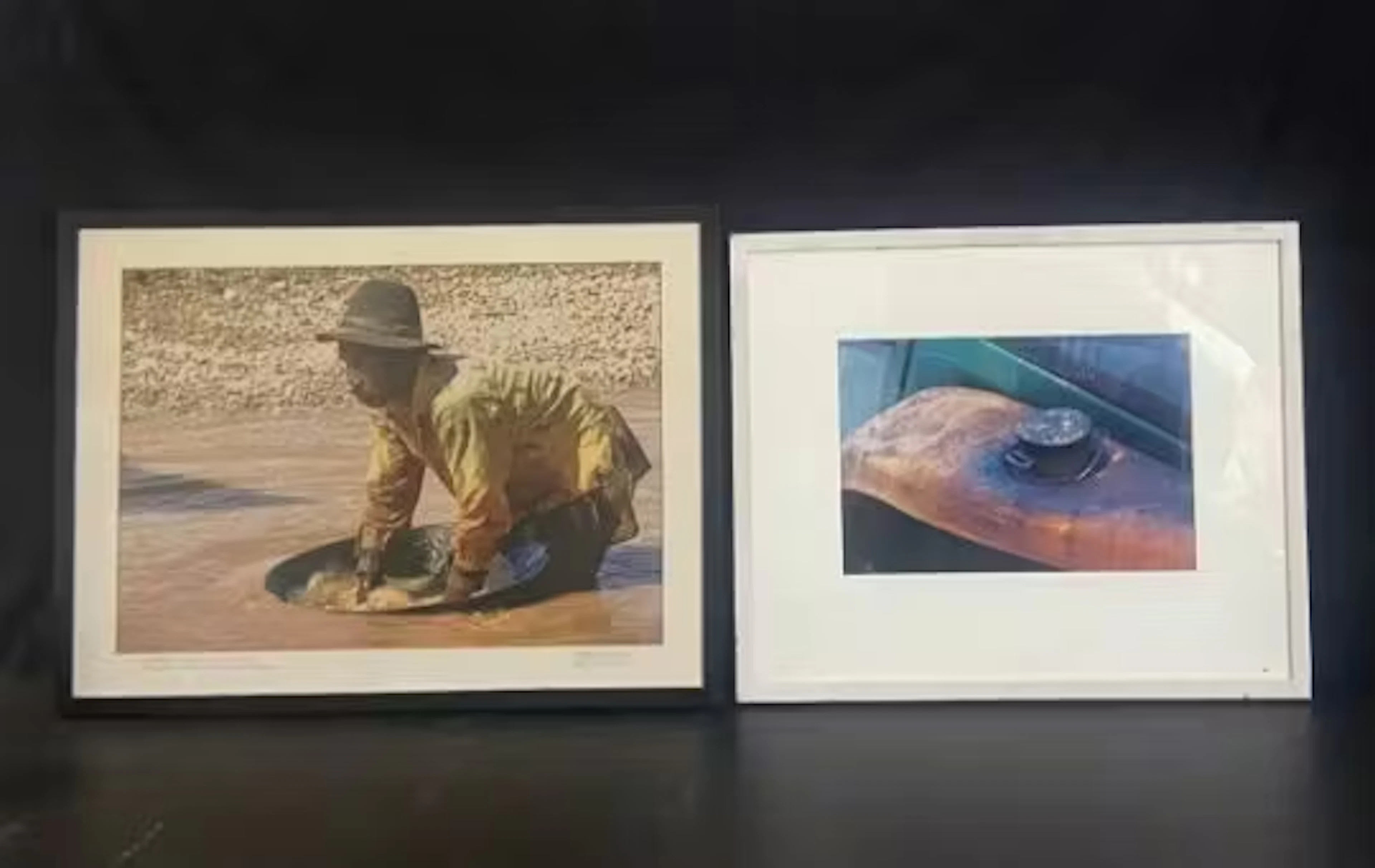 Two large framed photographic prints, Indonesian diamond miner, signed