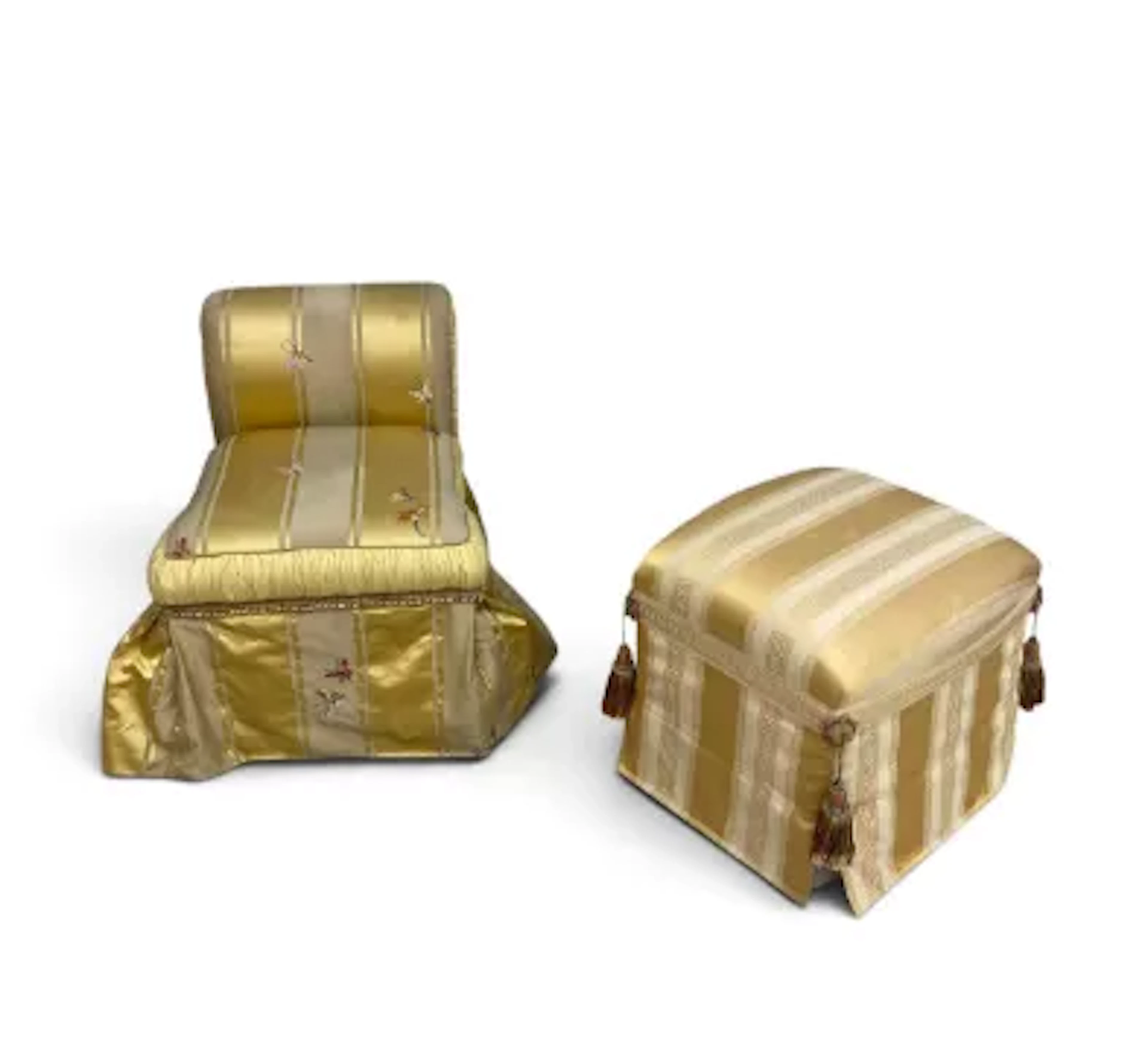 A small contemporary boudoir chair in butterfly decorated damask and