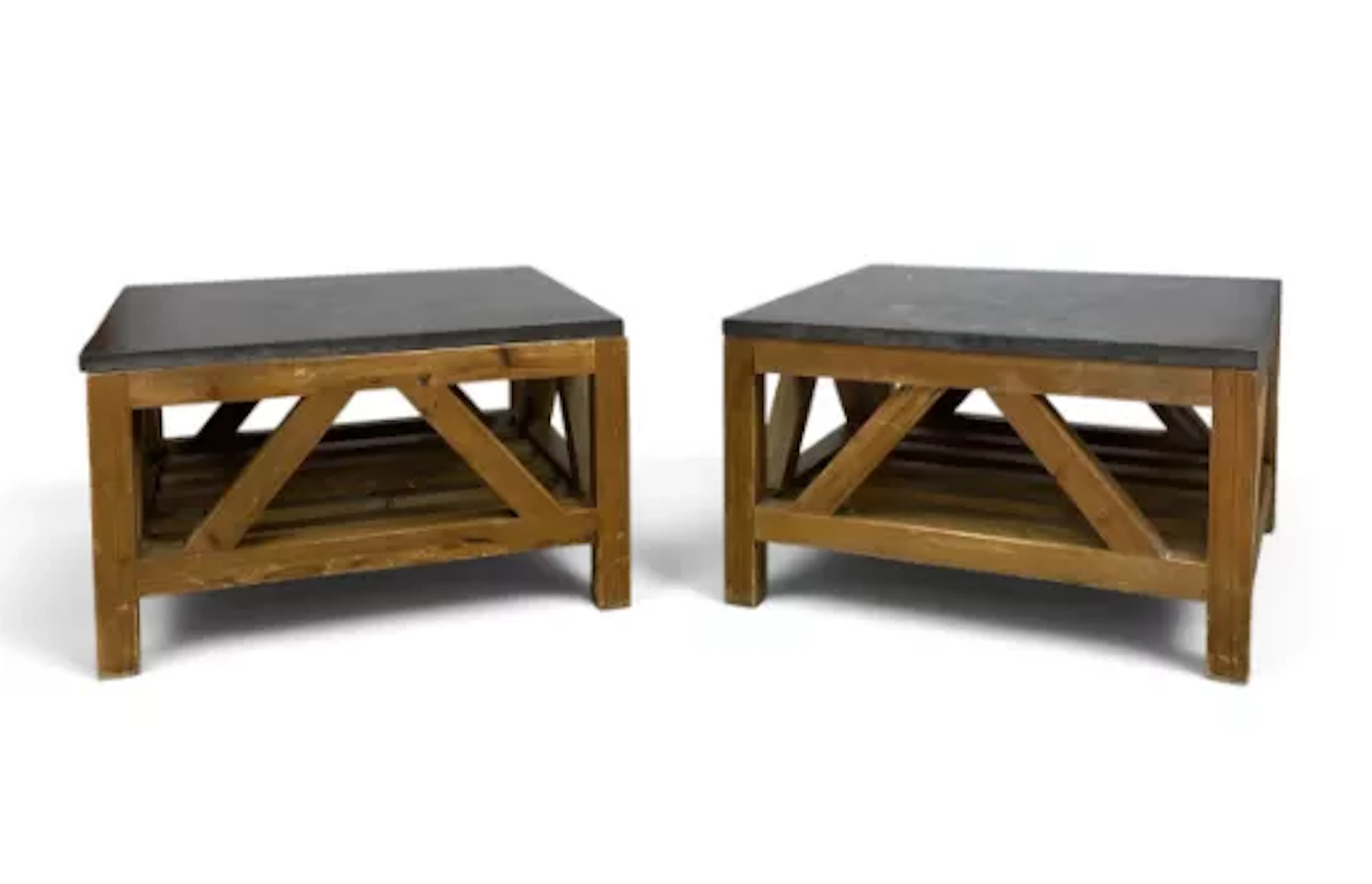A pair of modern teak side or lamp tables with marble tops. H.42 x
