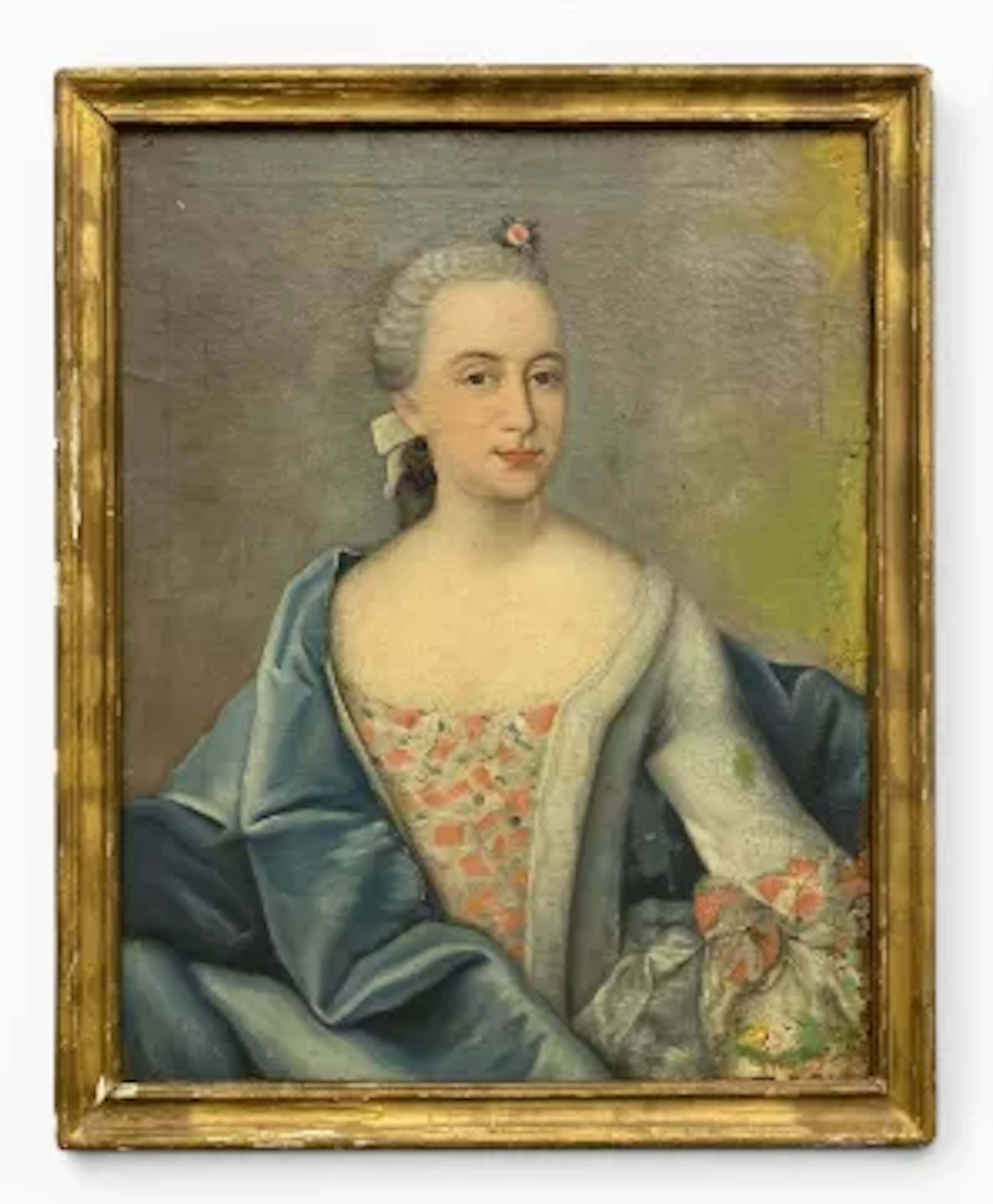 A mid 18th century oil portrait painting on canvas laid board of Louisa