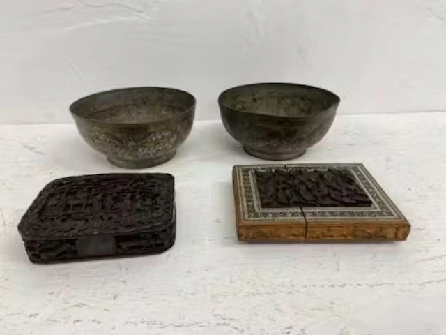 A 19th century Cantonese carved tortoiseshell box, a pair of Middle