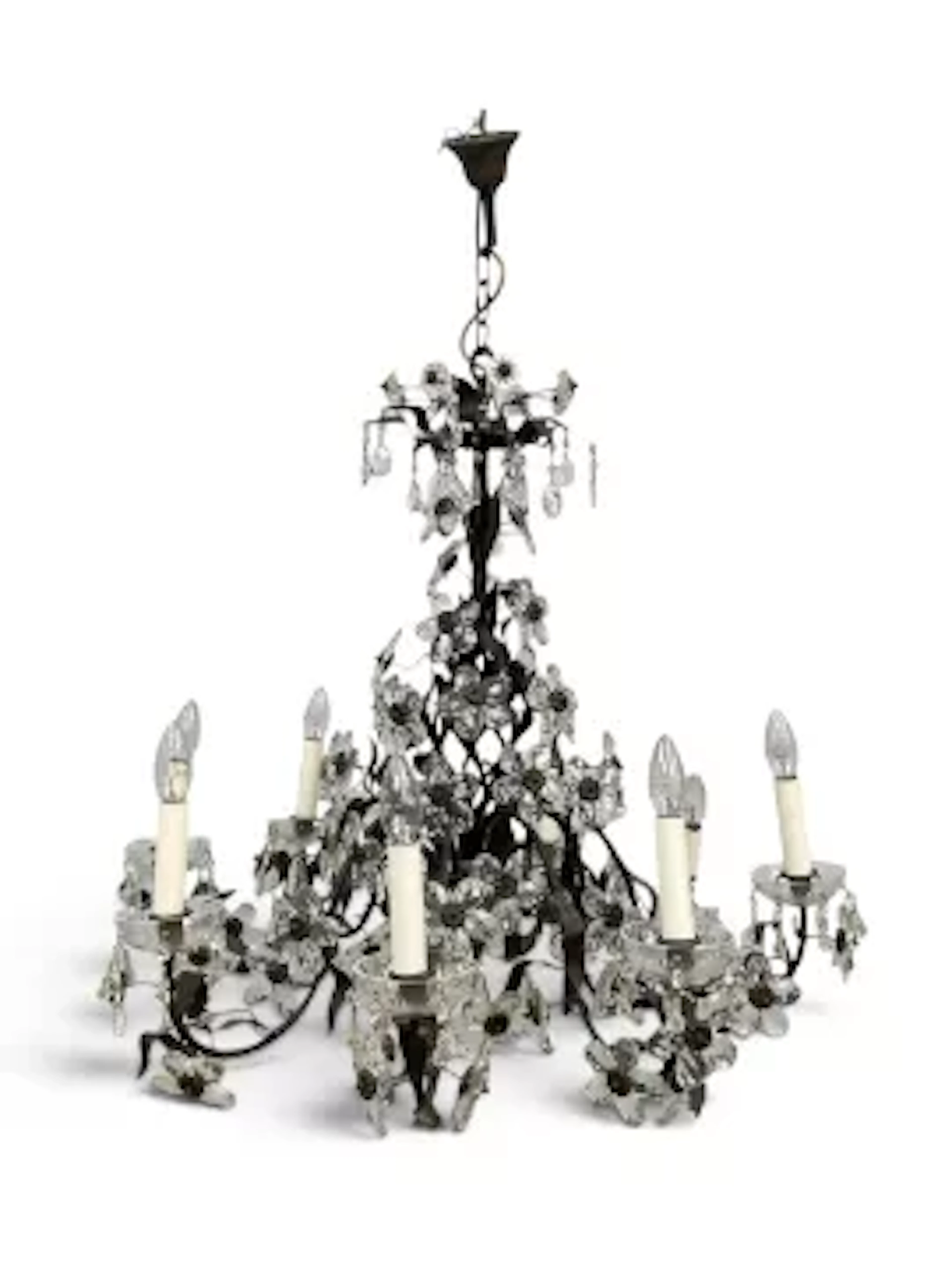 A contemporary eight branch metal framed chandelier in the antique