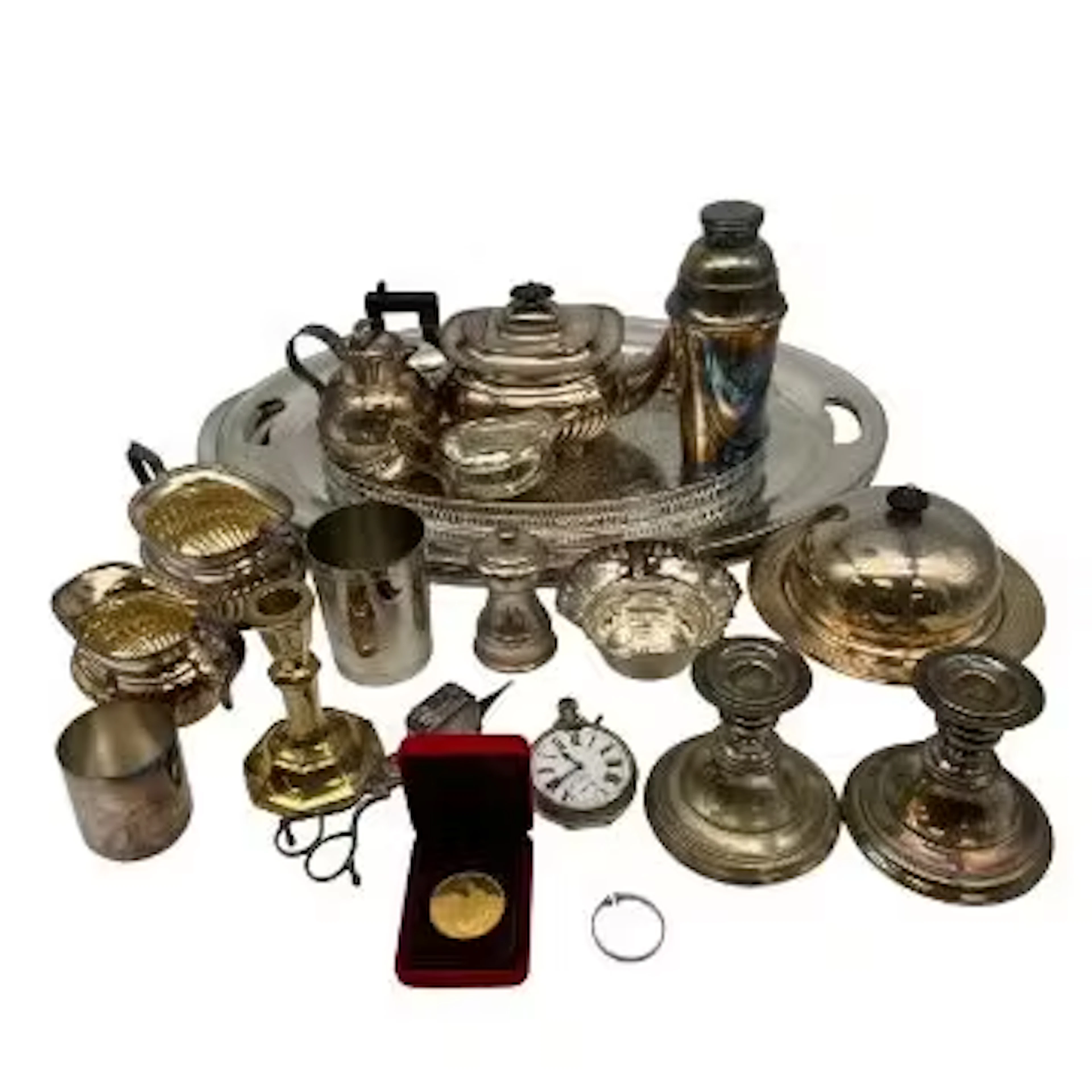A large mixed collection of silver plated and other metal items to