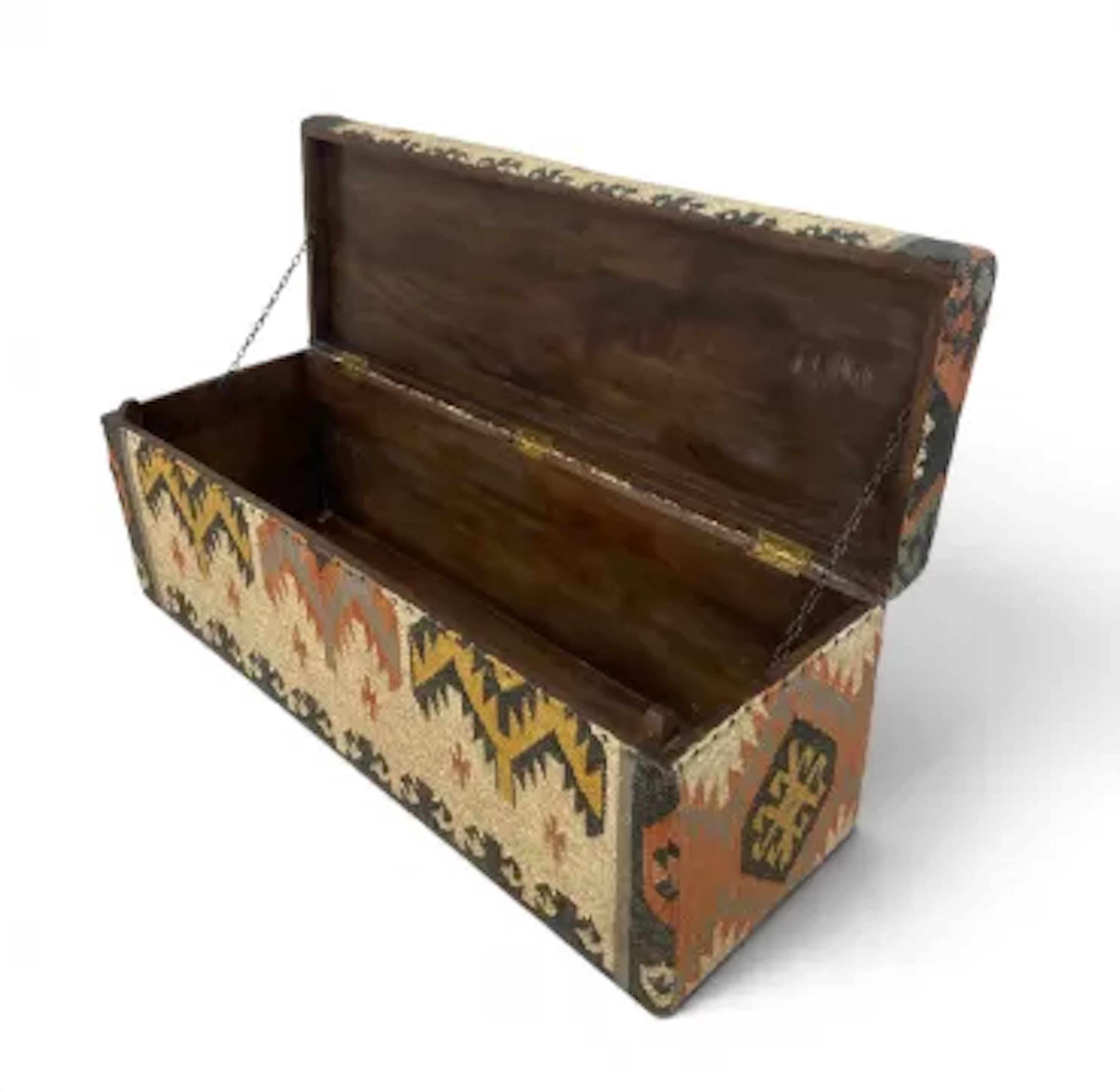 A contemporary flatweave kilim upholstered chest or trunk with a geometric