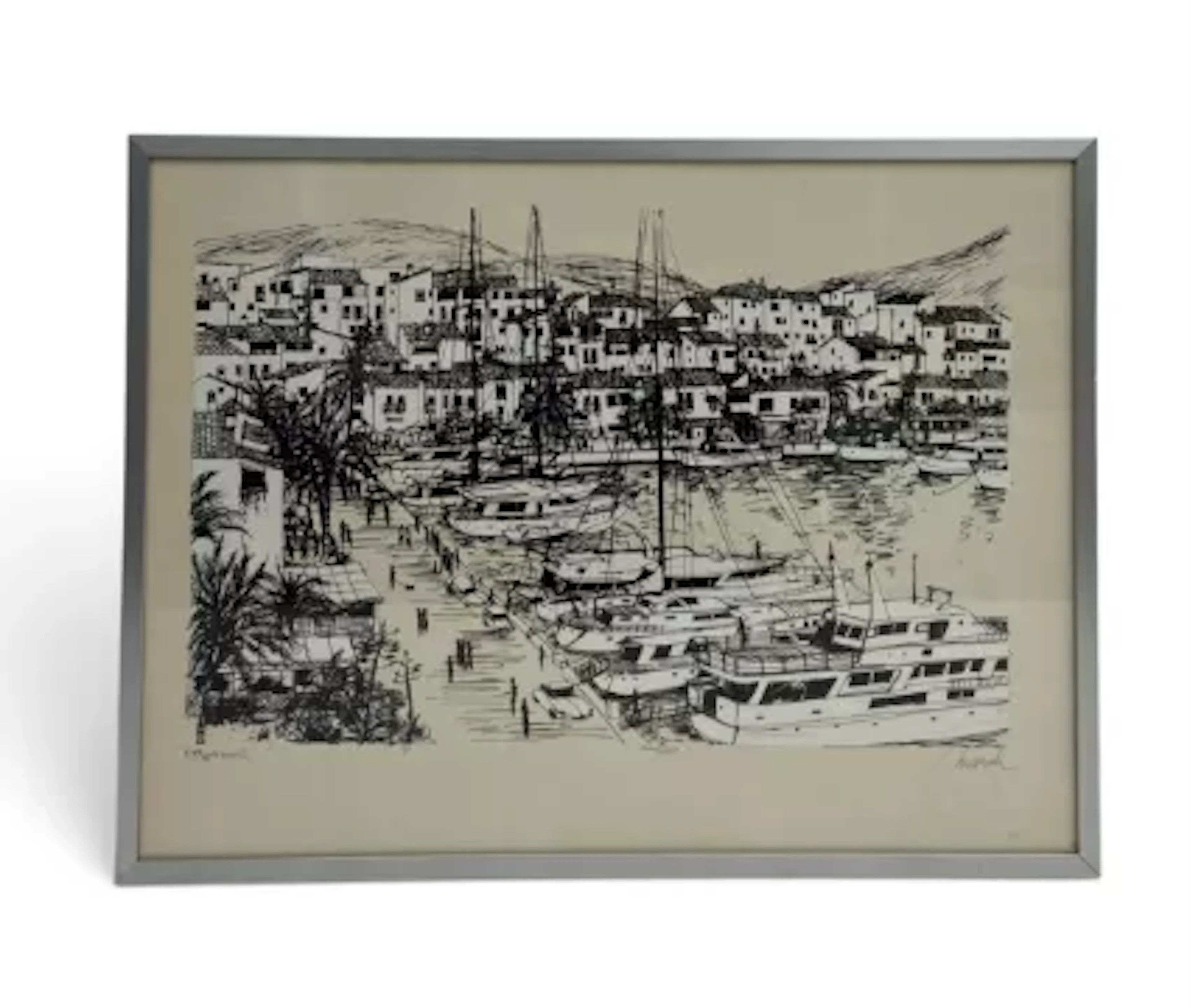 A mixed lot to include a glazed and framed marina scene signed Hannah