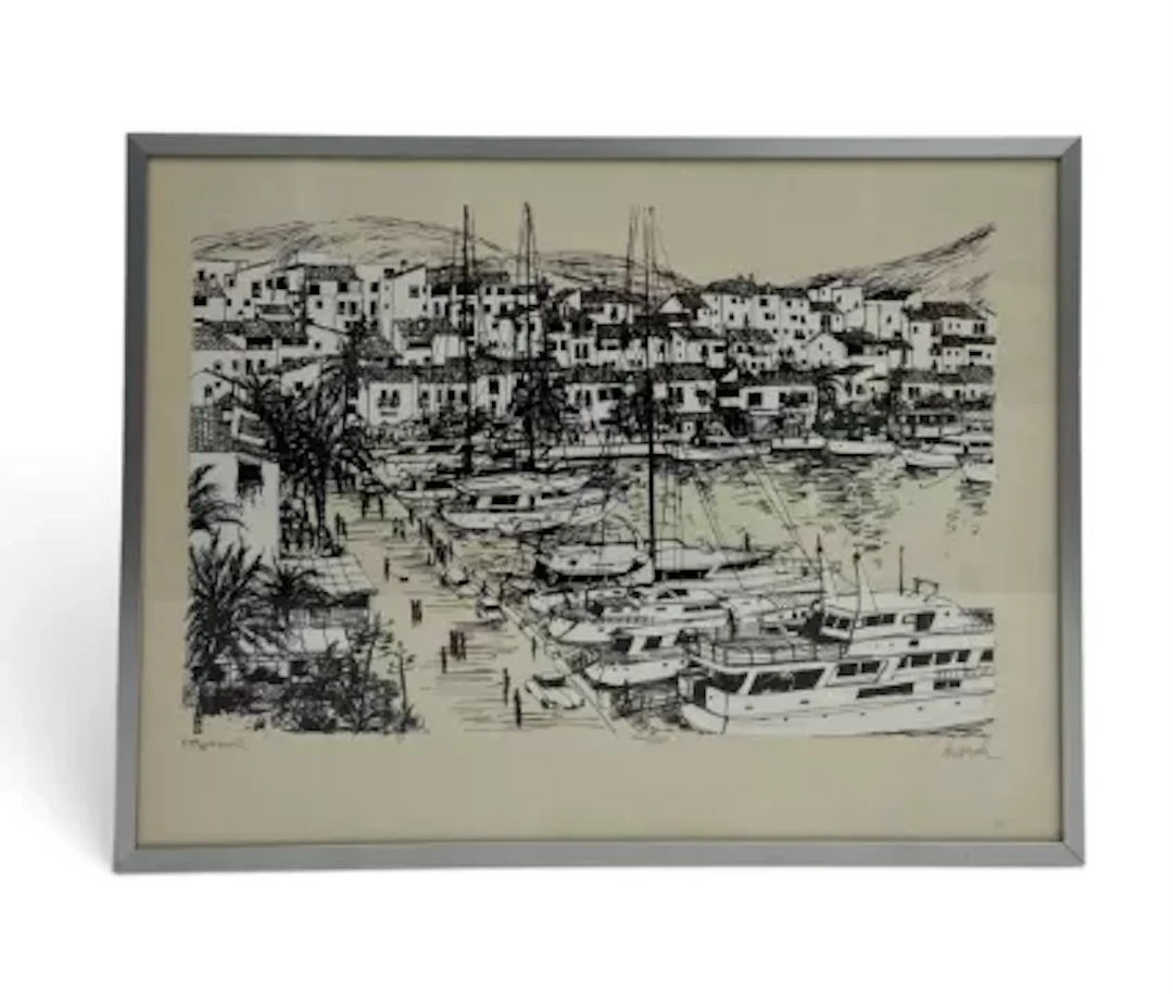 A mixed lot to include a glazed and framed marina scene signed Hannah