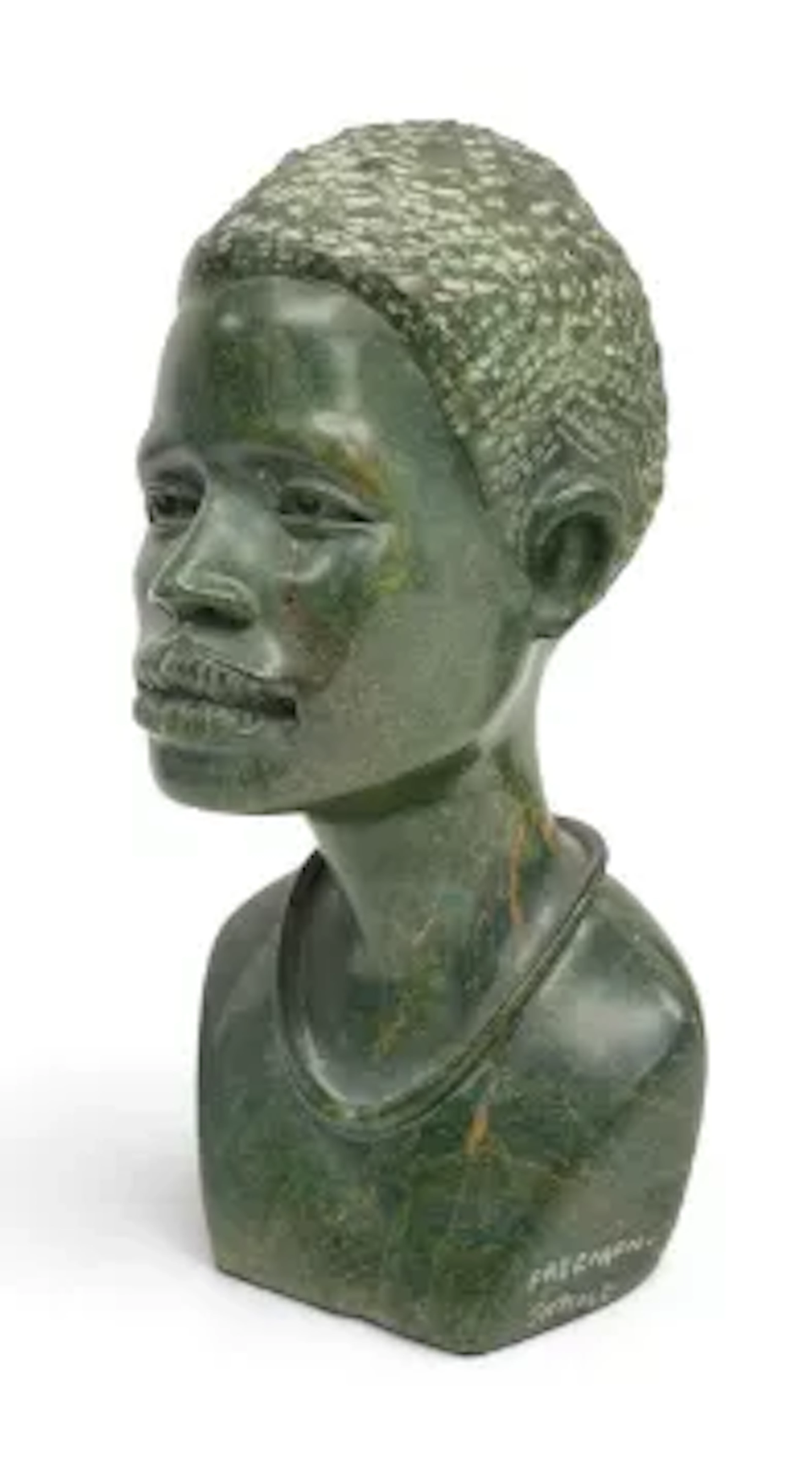 A late 20th century verdite stone sculpture, bust of a man, signed