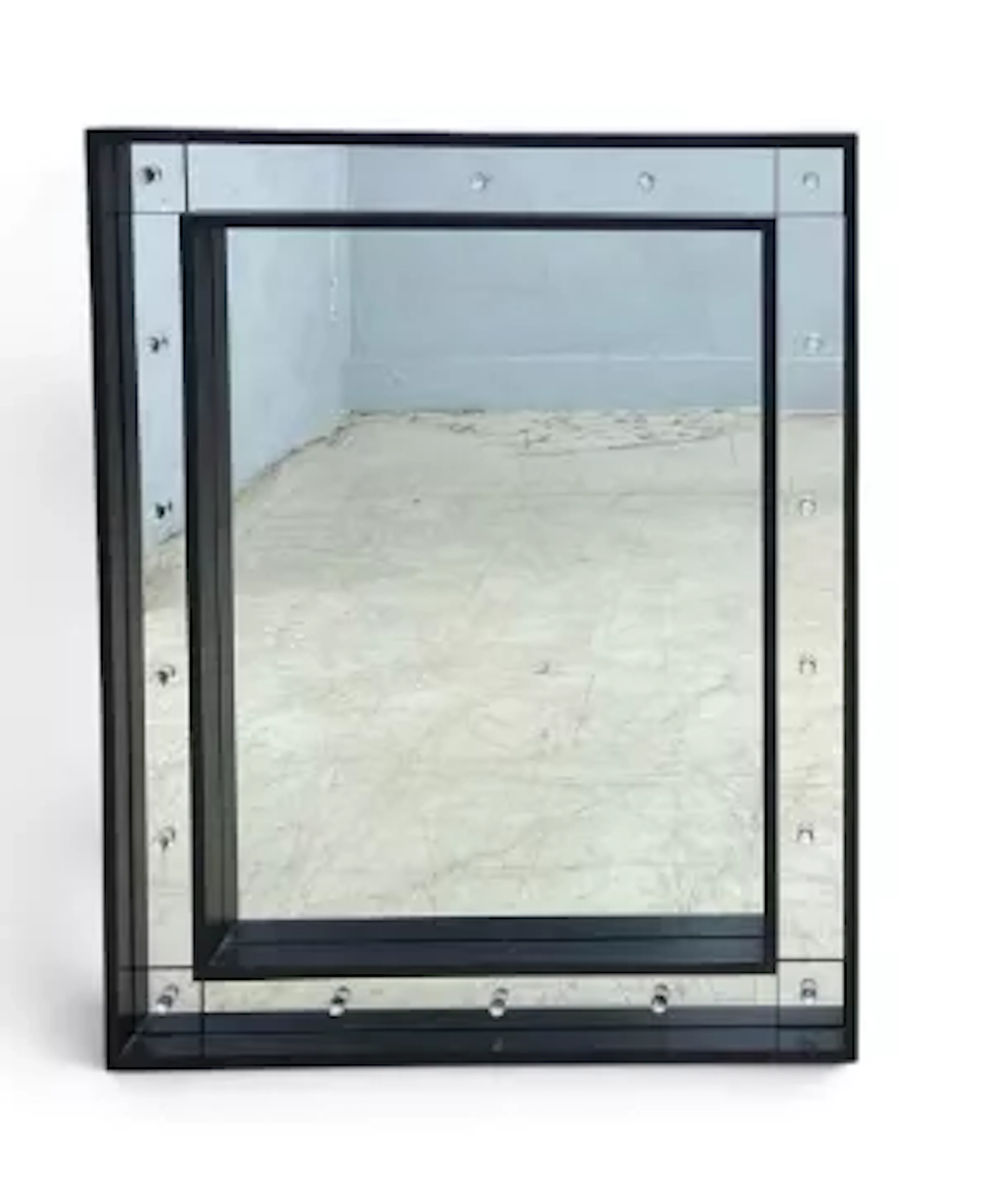 A large contemporary wall mirror in a glazed box show frame. H.100 x W.80cm.