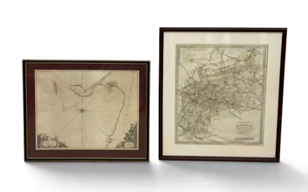 A pair of maps, one large contemporary OS map of Gloucester, glazed