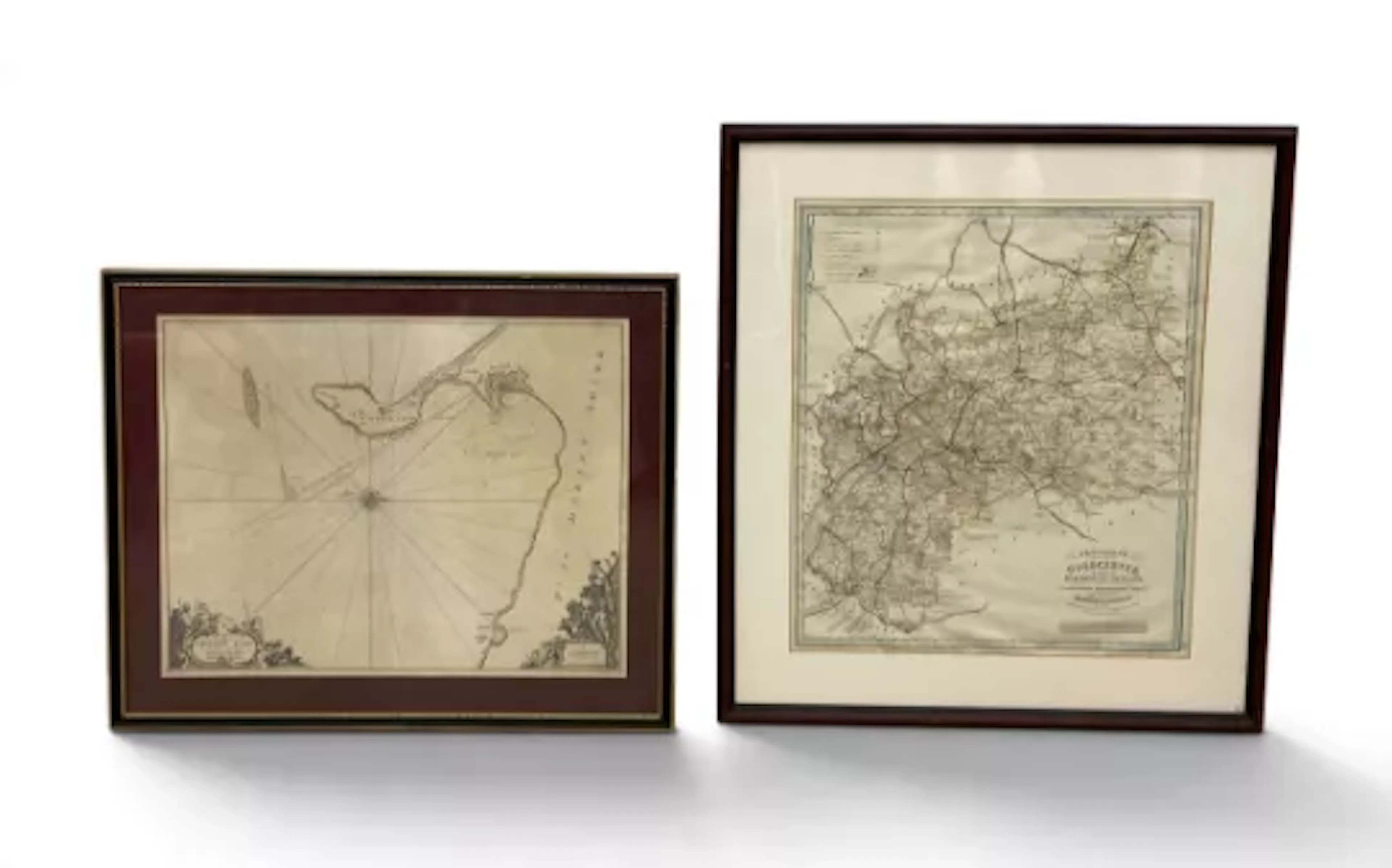 A pair of maps, one large contemporary OS map of Gloucester, glazed