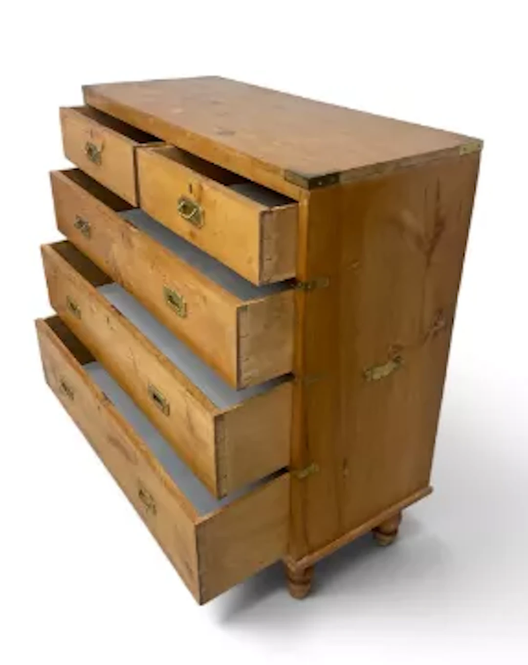 A late 19th century military style brass bound pine chest of drawers