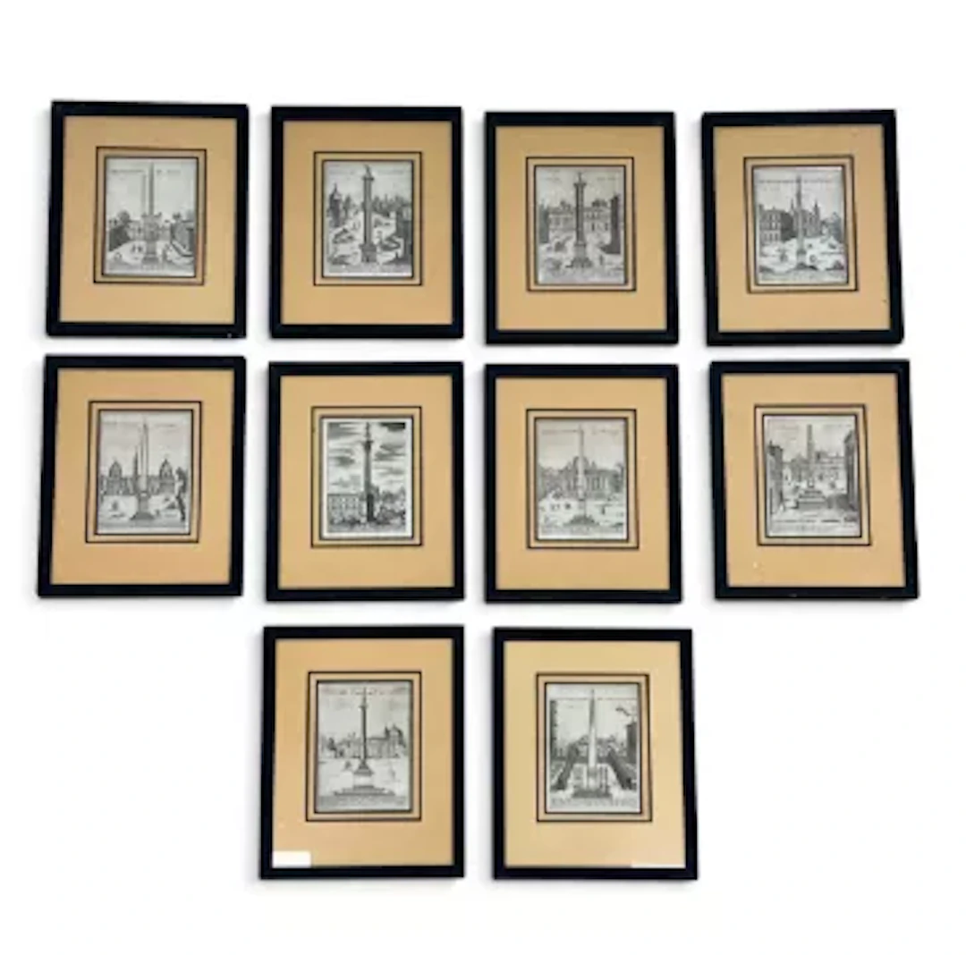 A set of ten engravings of various Classical columns and obelisks