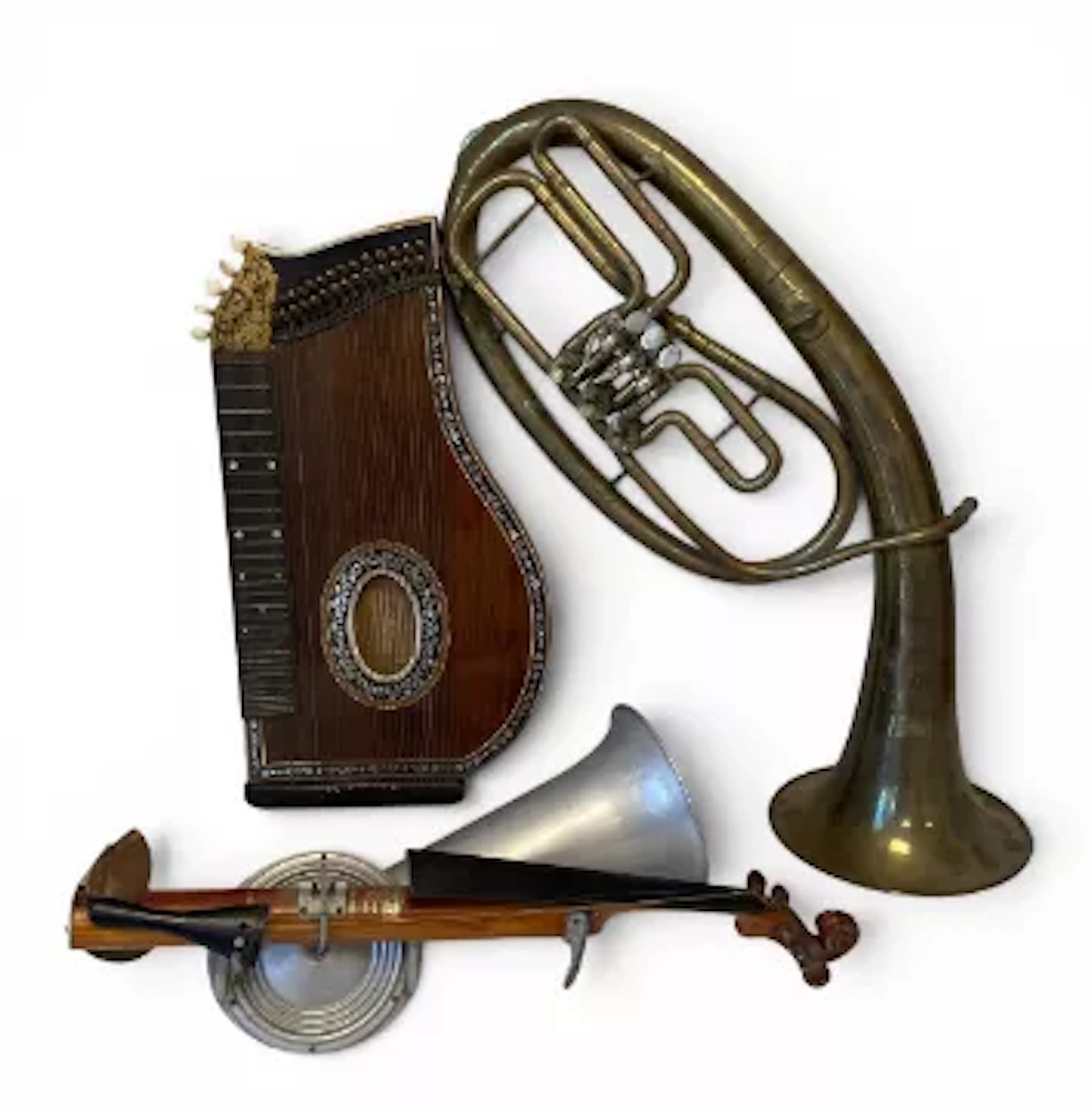 A mixed lot of musical instruments to incude a vintage brass tenor