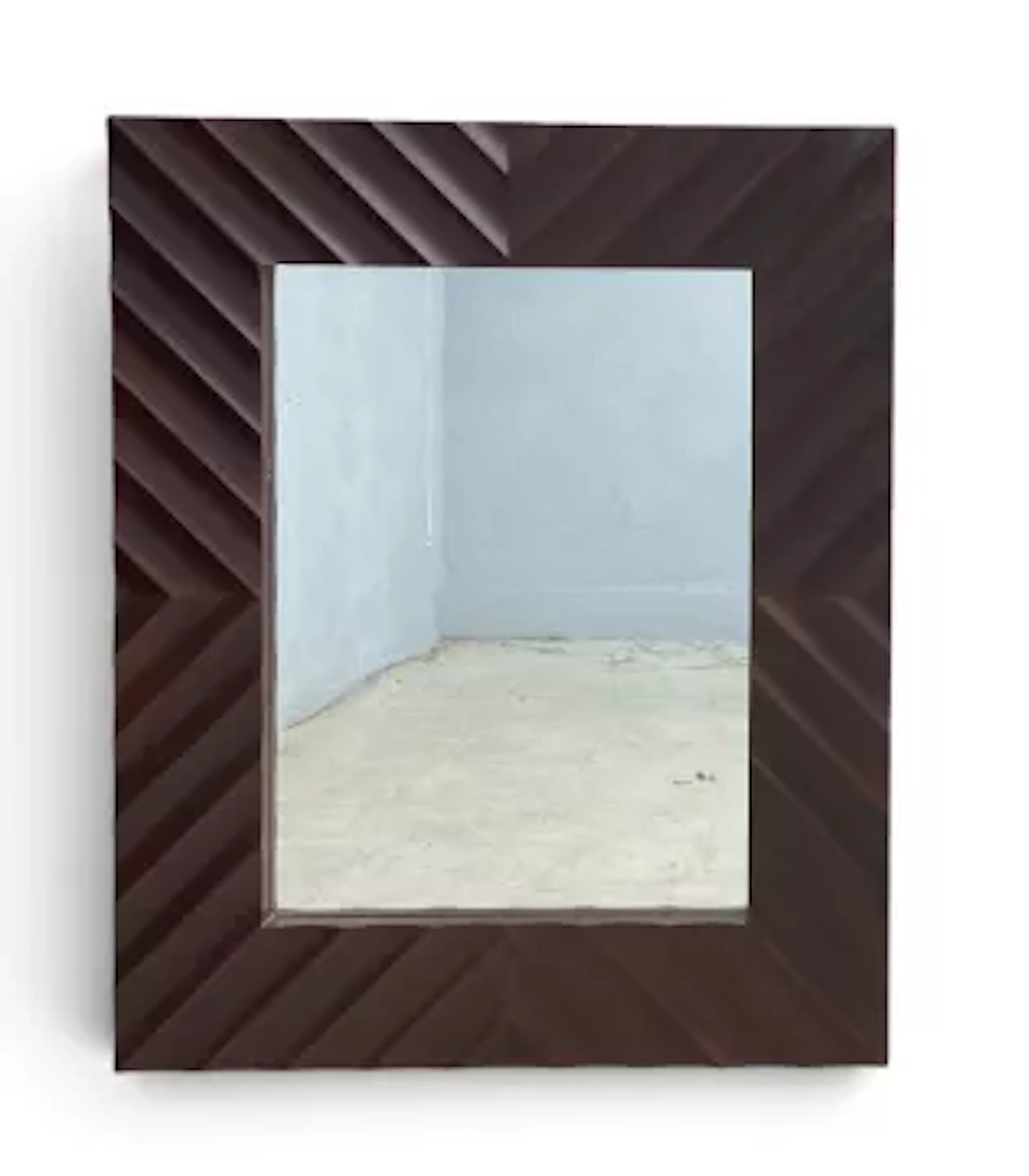 A contemporary wall mirror in a carved teak frame. H.105 x W.85cm.