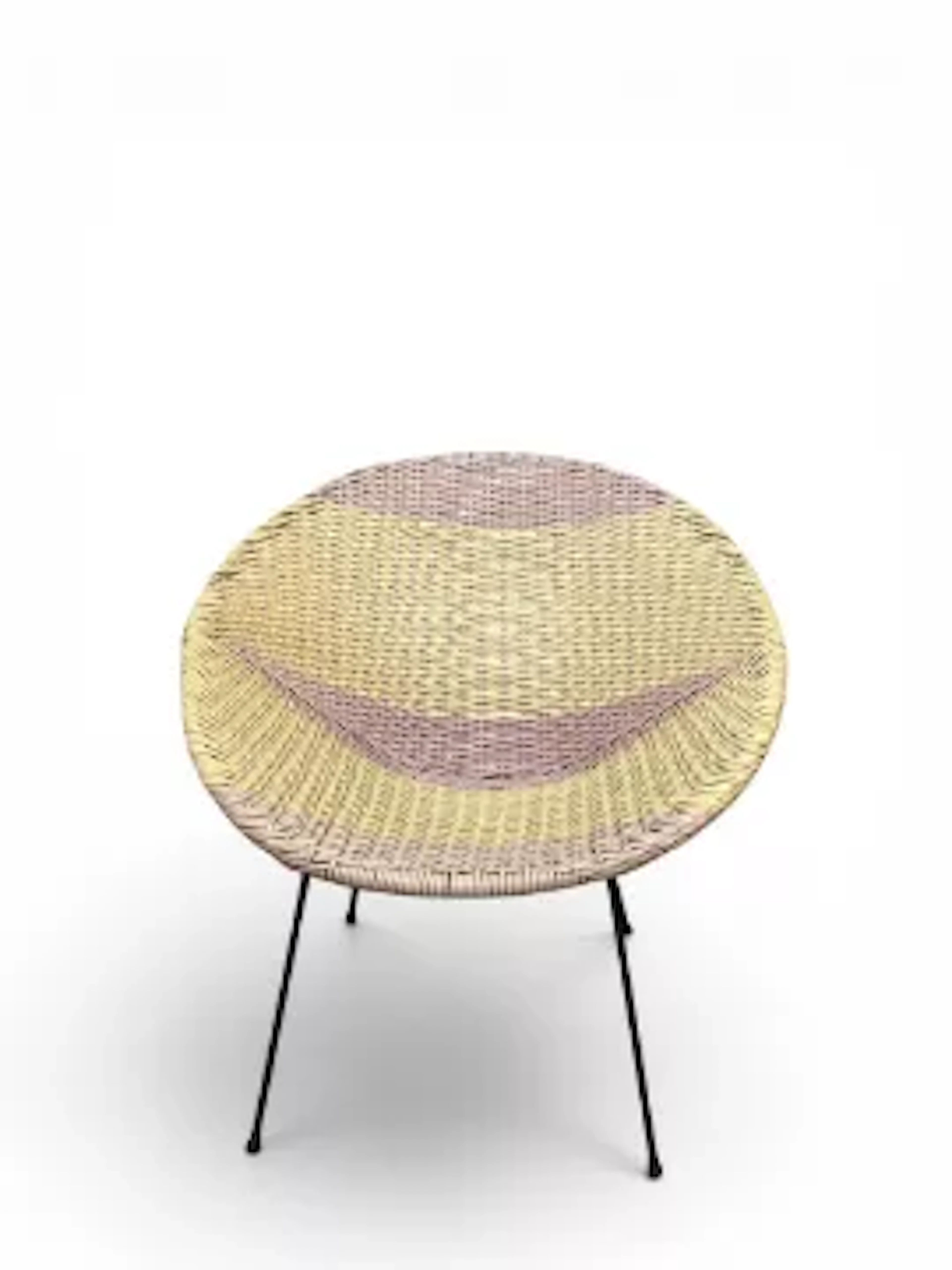 A mid-century woven vinyl Sputnik Cone satellite tub chair on splayed