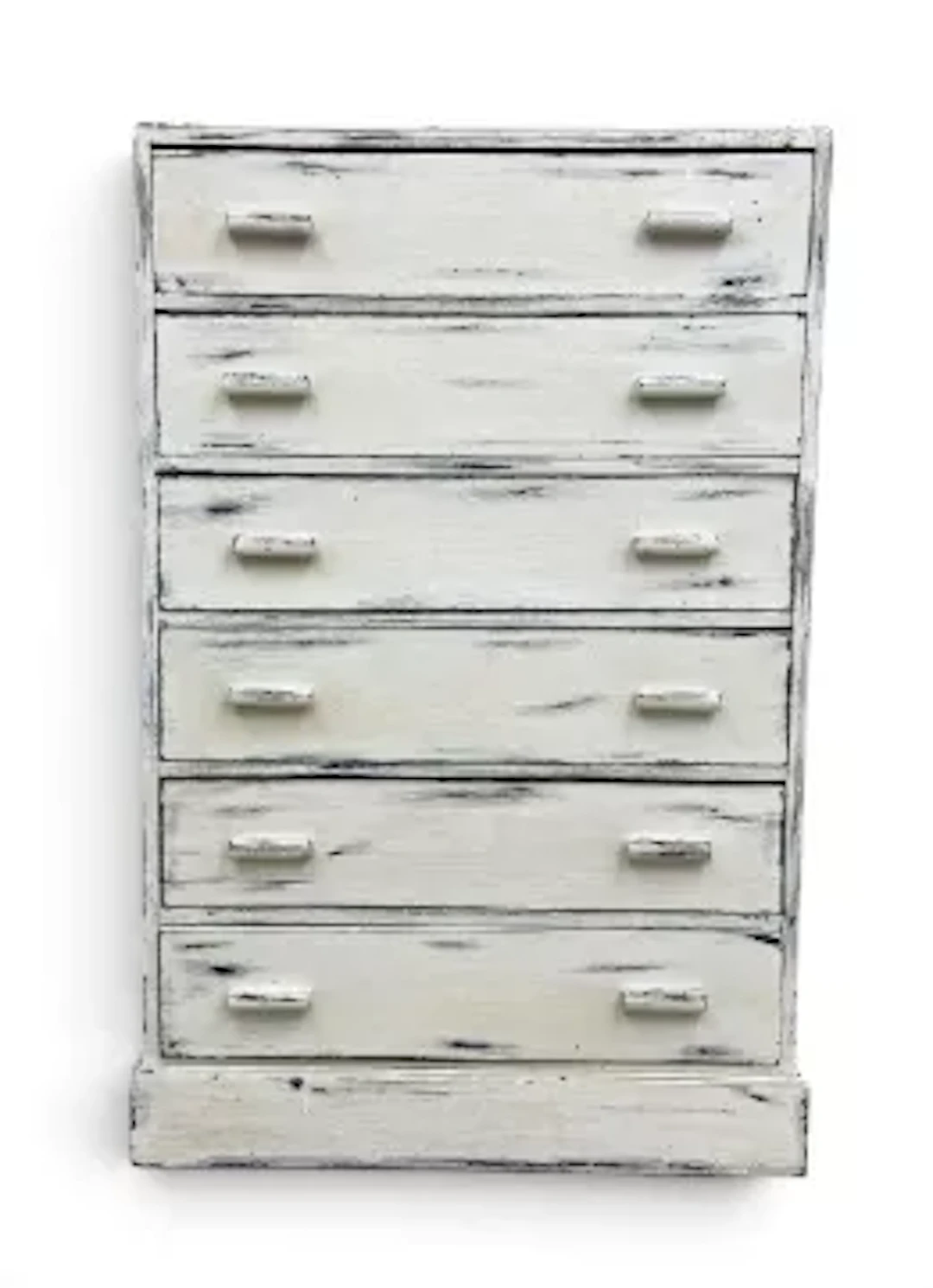 A vintage distressed painted tall chest of six drawers on a plinth