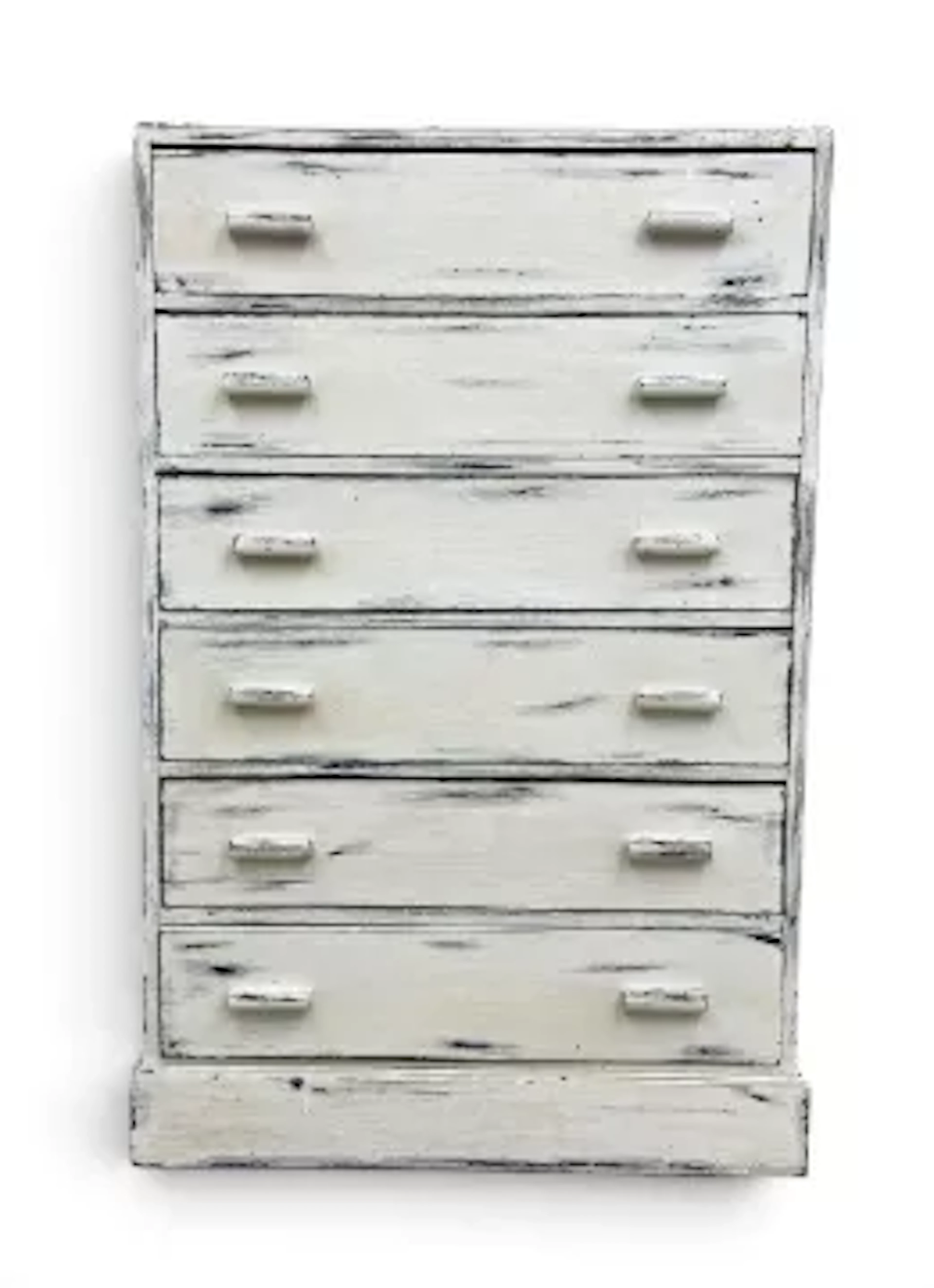 A vintage distressed painted tall chest of six drawers on a plinth
