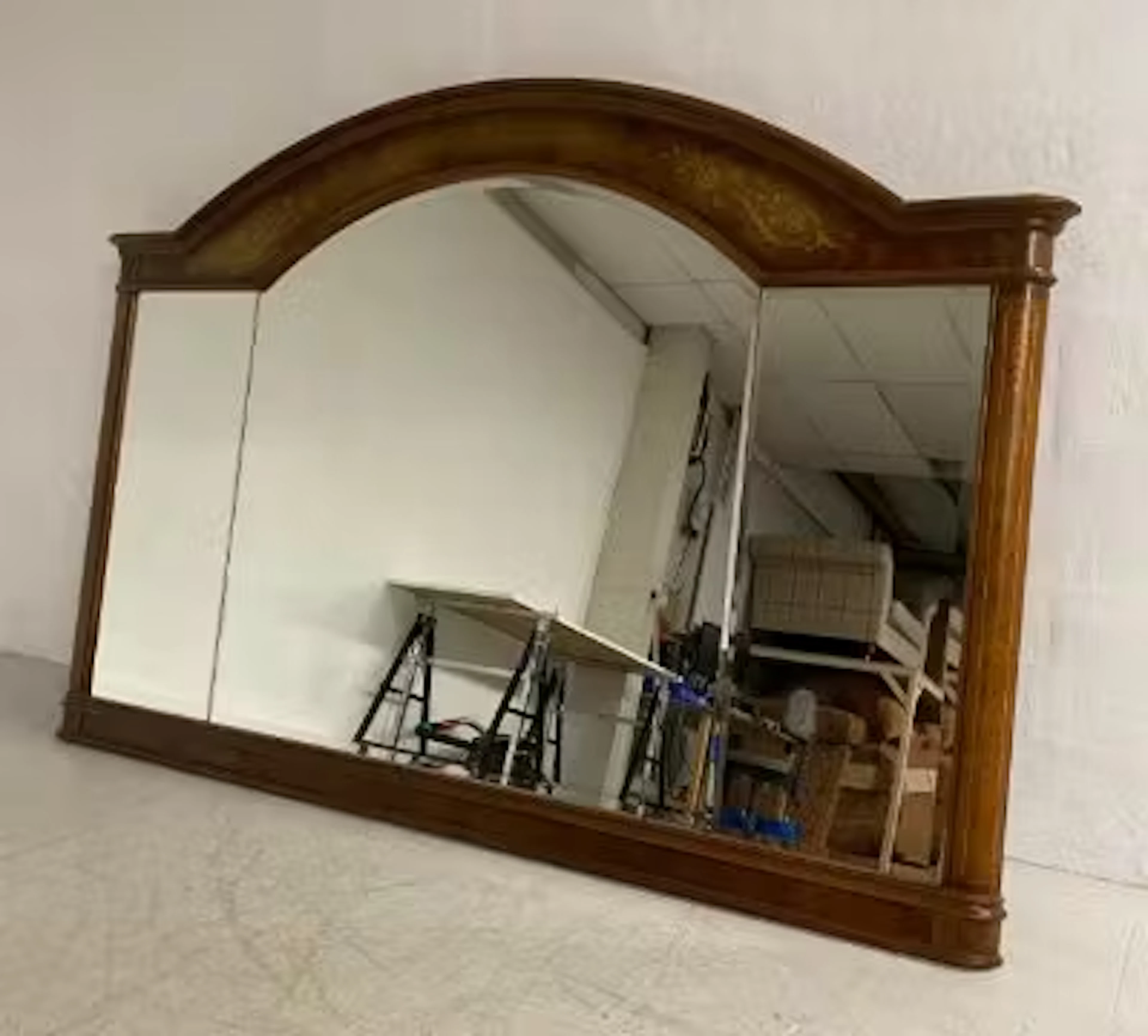 A large contemporary walnut and inlaid 19th century style overmantel